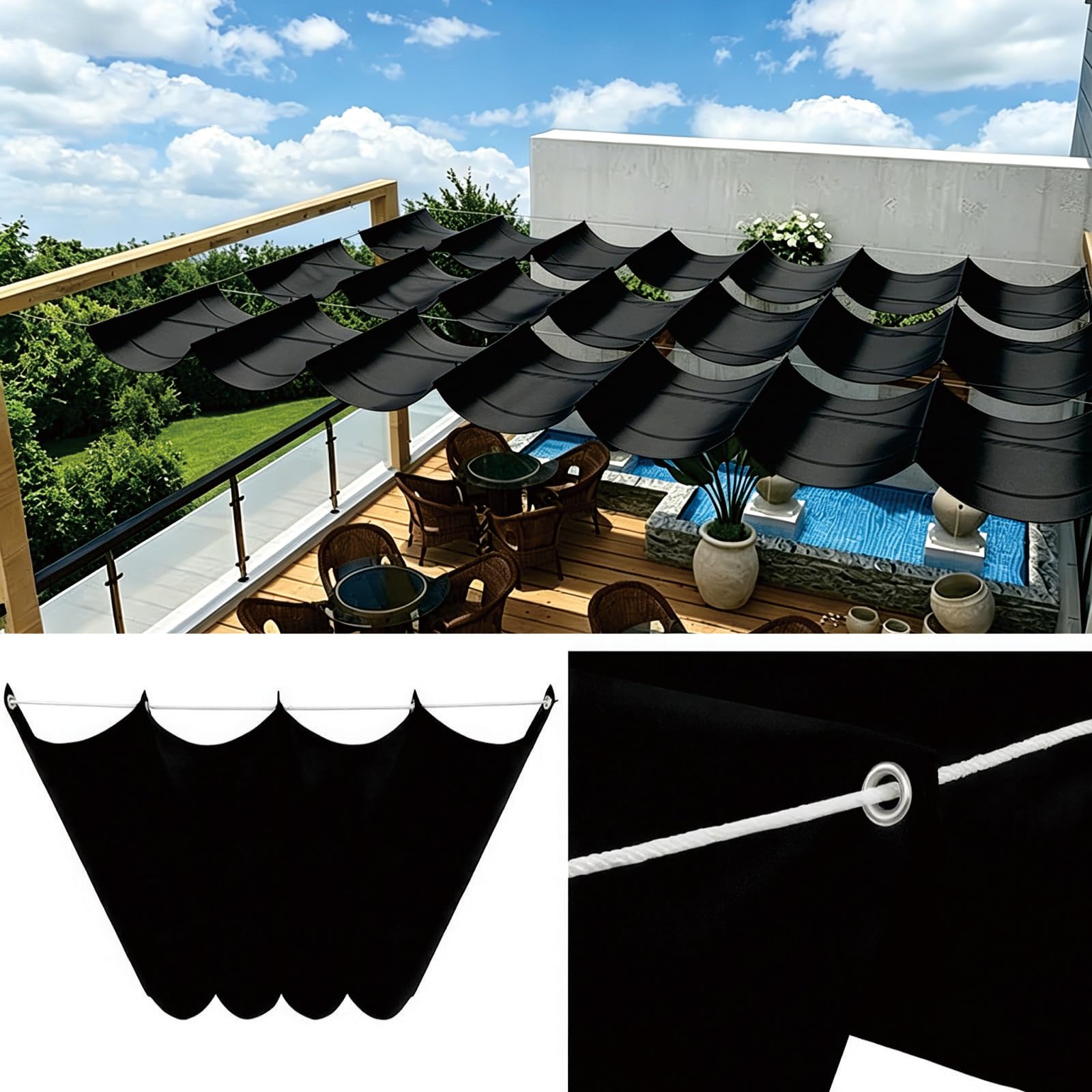 Voile d'ombrage vague rétractable imperméable bâche solaire noire 300x460 pour terrasse