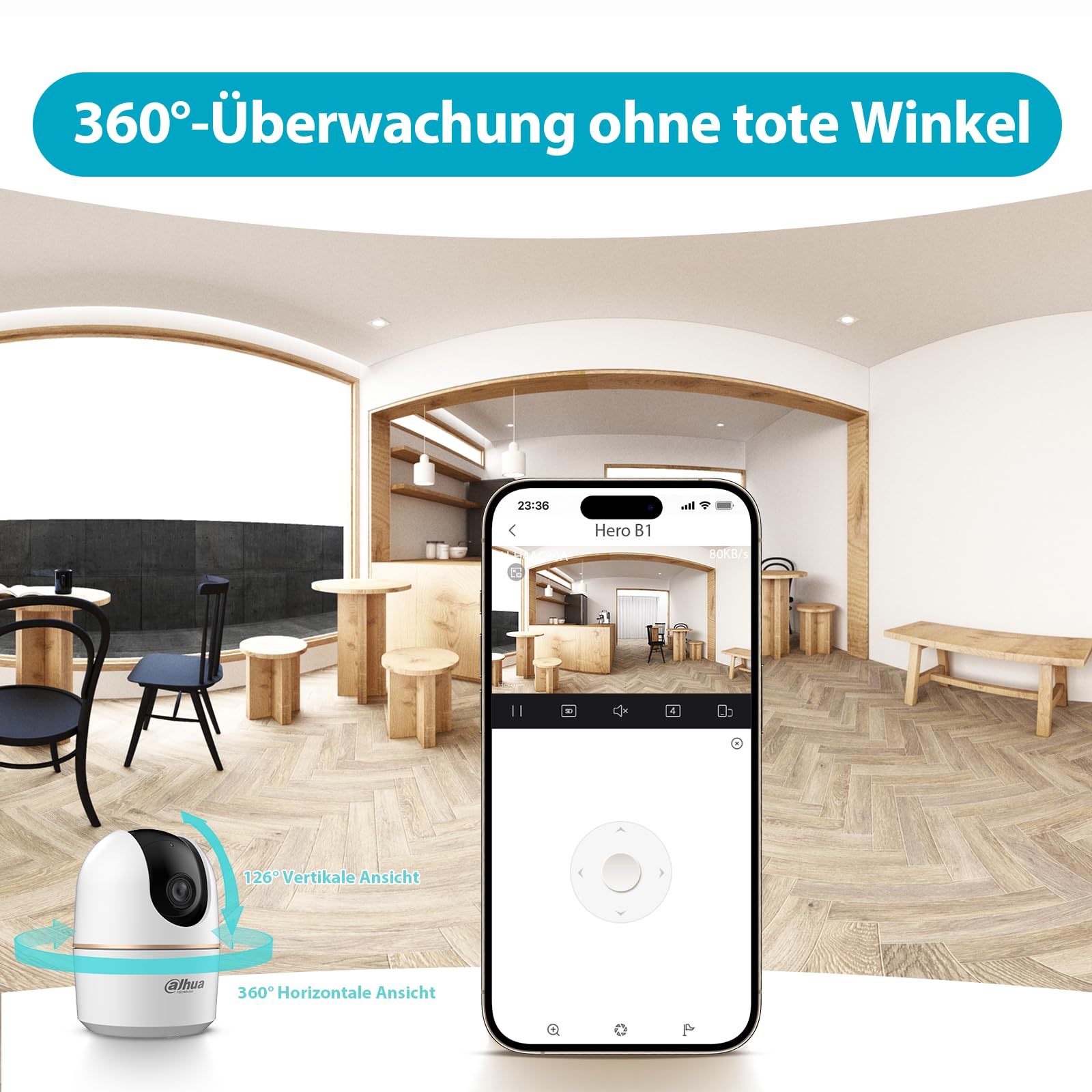Dahua H5A 5MP 360° kamera do monitorowania wewnątrz, kamera Wi-Fi 6 do monitorowania wewnątrz z AI rozpoznawaniem osób, kamera WLAN, automatyczne śledzenie, widzenie w nocy, dwukierunkowa komunikacja