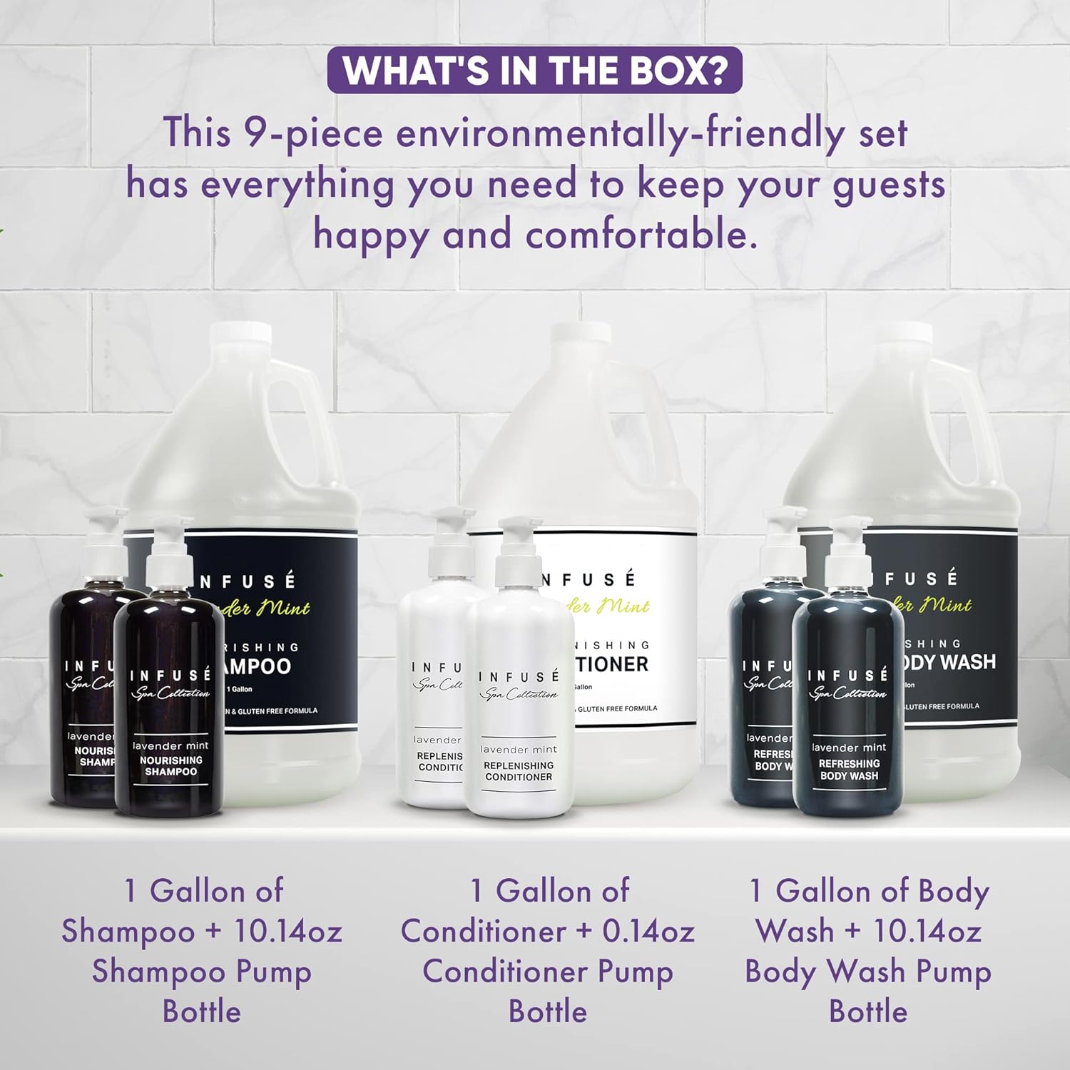 Infuse Lavender Mint Gallon & Dispenser Set | 1-Shoppe Amenities Kit | Shampoo, Conditioner, Body Wash | Refillable 10.14 oz Pump Bottles - Image 4