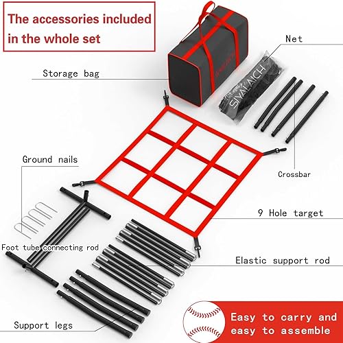 Miniatura 5 de Red de bateo de béisbol y sóftbol, red de lanzamiento (7 x 7 pies), con zona de golpeo de agujero de objetivo de 9 agujeros, con bolsa de