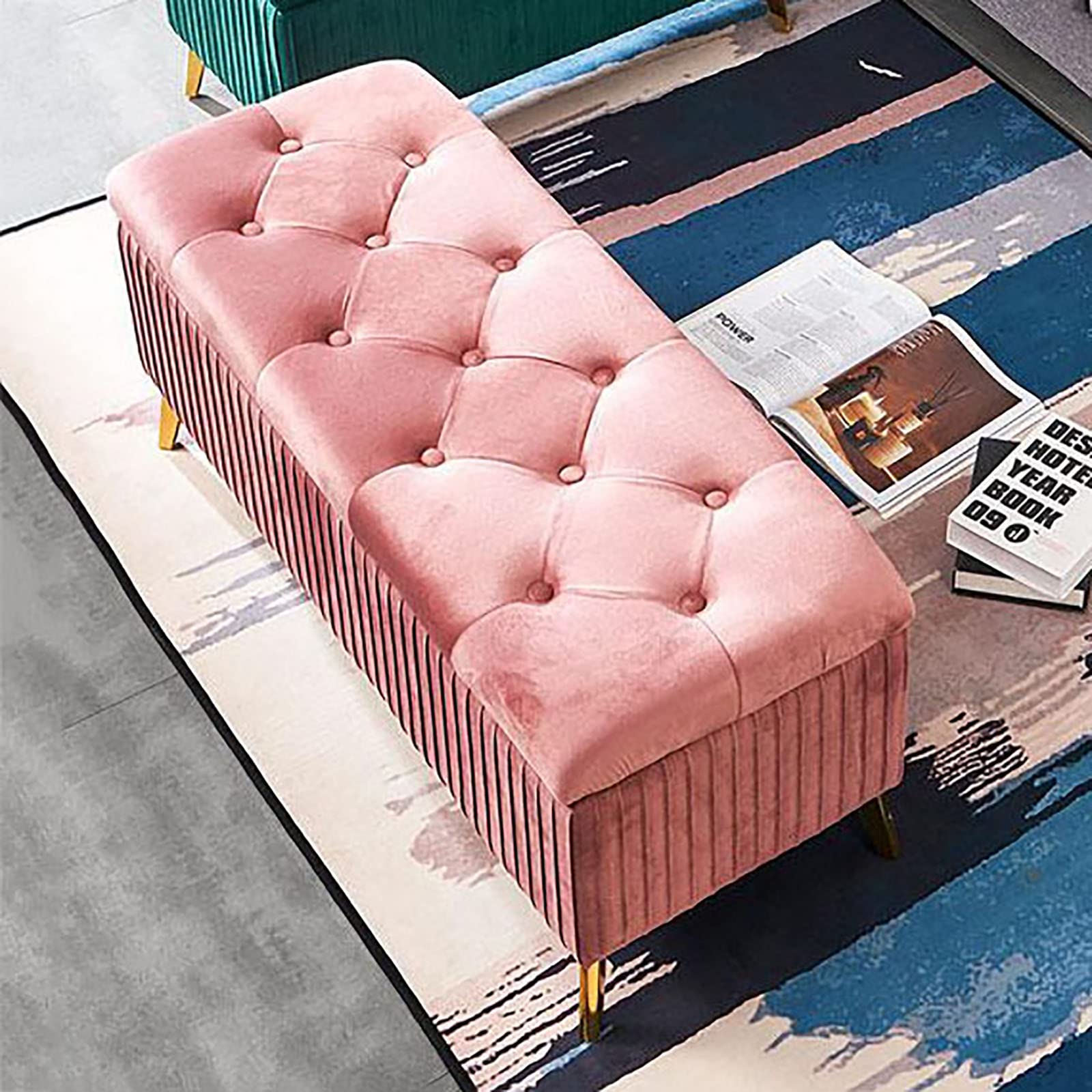 LMMIAOZ Velvet Upholstered Storage Foot Stool Bench for Living Room Pink 100x39x45cm