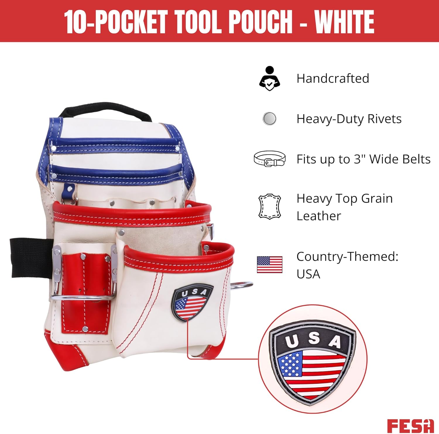 FESA Leather Carpenter Tool Pouch - 10-Pocket Heavy Top Grain Leather Carpenter Pouch with 2 Hammer Loops, Large & Small Pockets - Fits Work Belts up to 3" - Handcrafted - Country-Themed