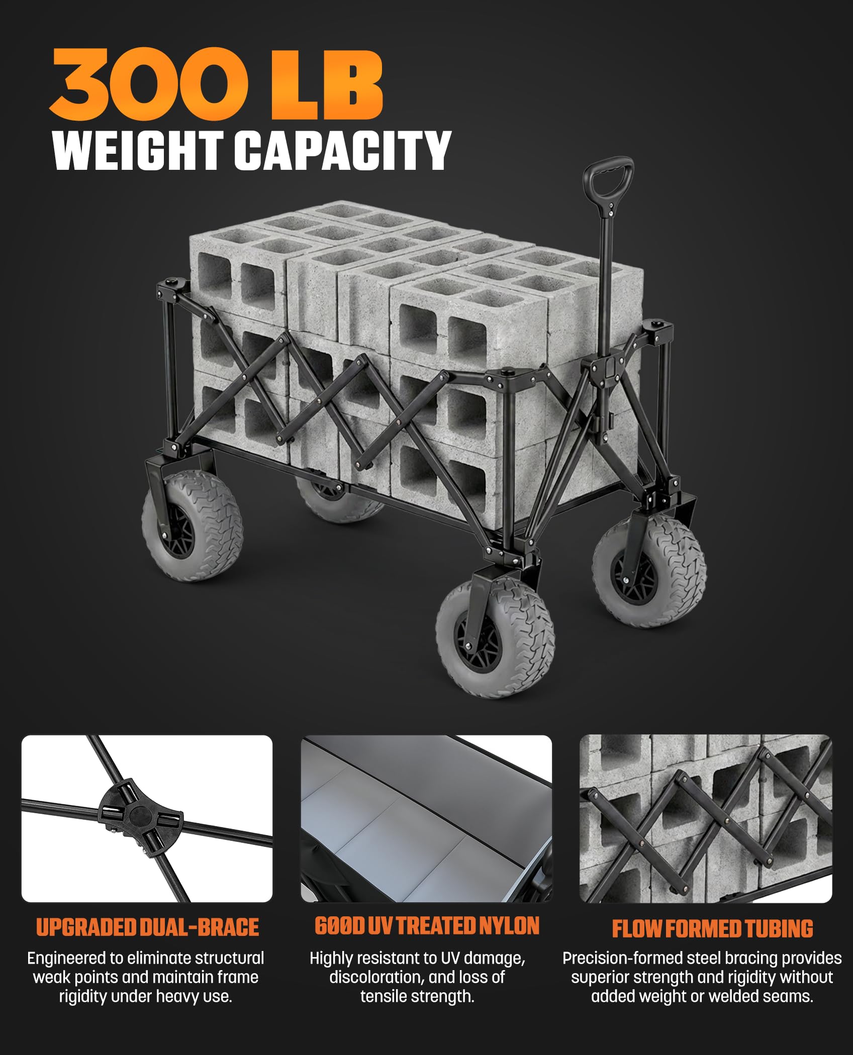 Beach Wagon - Carrello pieghevole per tutti i terreni con ruote grandi per sabbia e ghiaia, capacità 136 kg, colore: nero/grigio