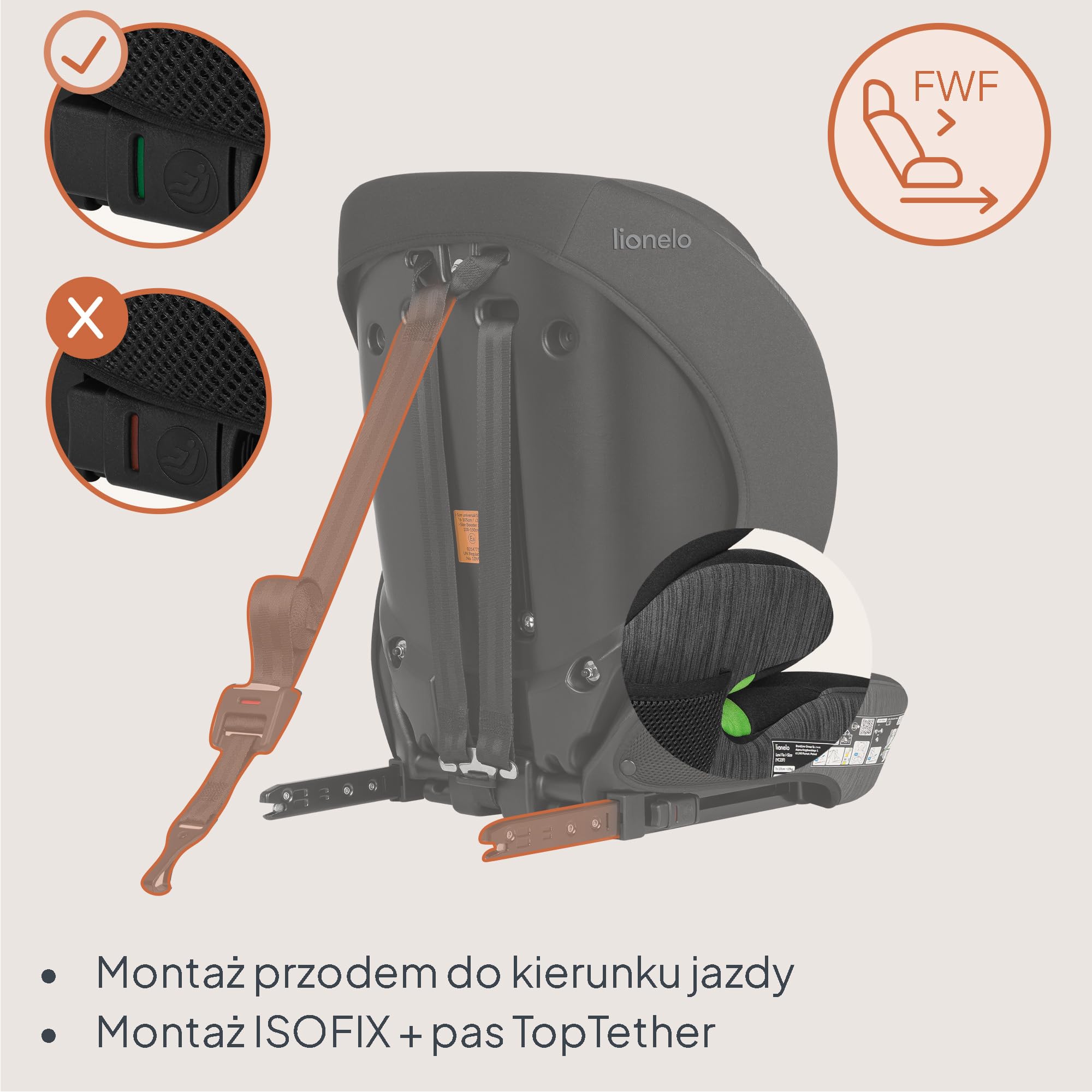 Lionelo Levi Fix I-SIZE fotelik dziecięcy 76-150 cm do 18 kg, grupa 1 2 3, osłona boczna, regulacja zagłówka 10 stopni, ISOFIX i montaż Top Tether, R129 i-Size