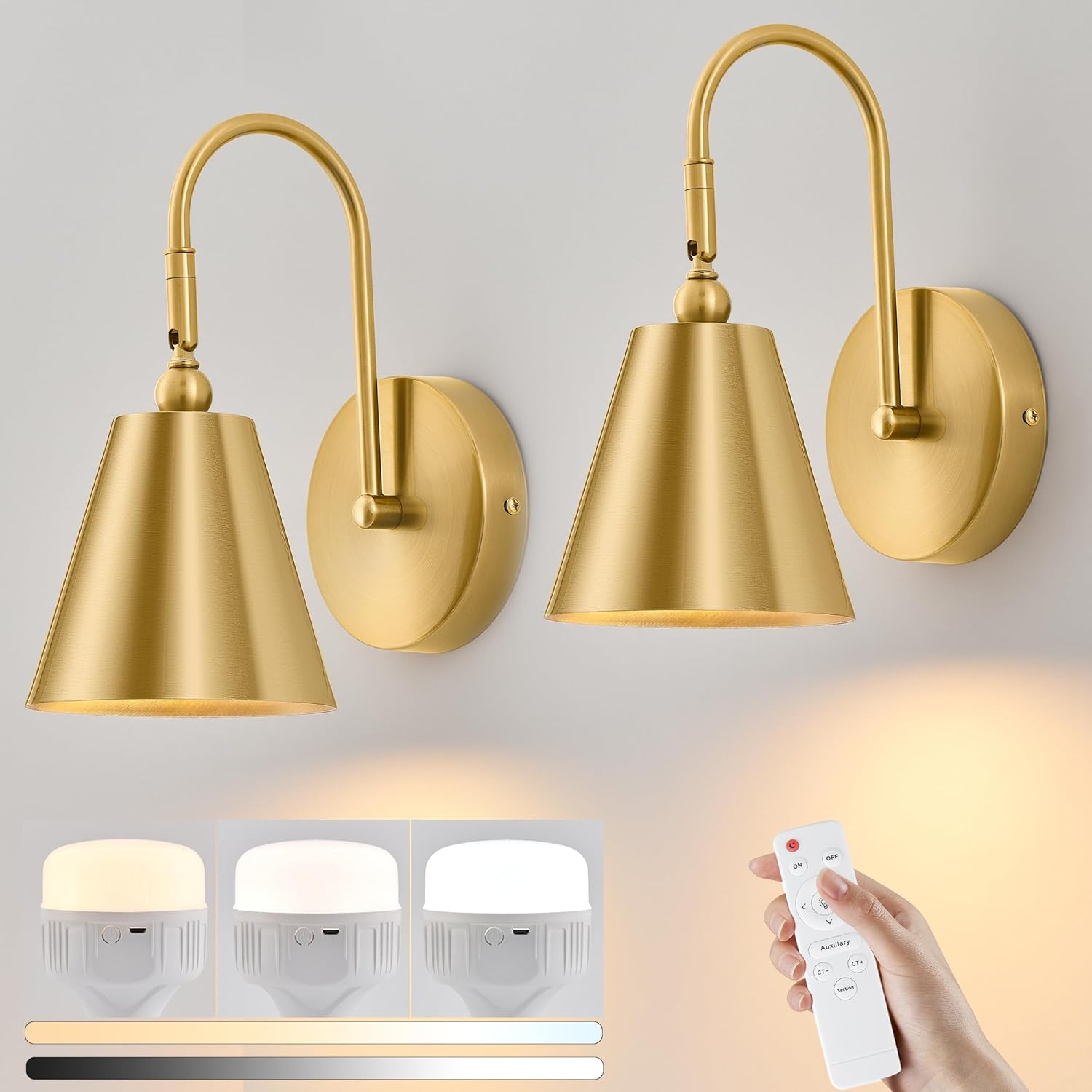 Battery Operated Wall Sconce Set of Two, Gold Sconces Wall Lighting Battery Operated with Remote Control, 3 Color Temperatures Dimmable Magnetic Cordless Wall Lamp for Living Room Bedroom