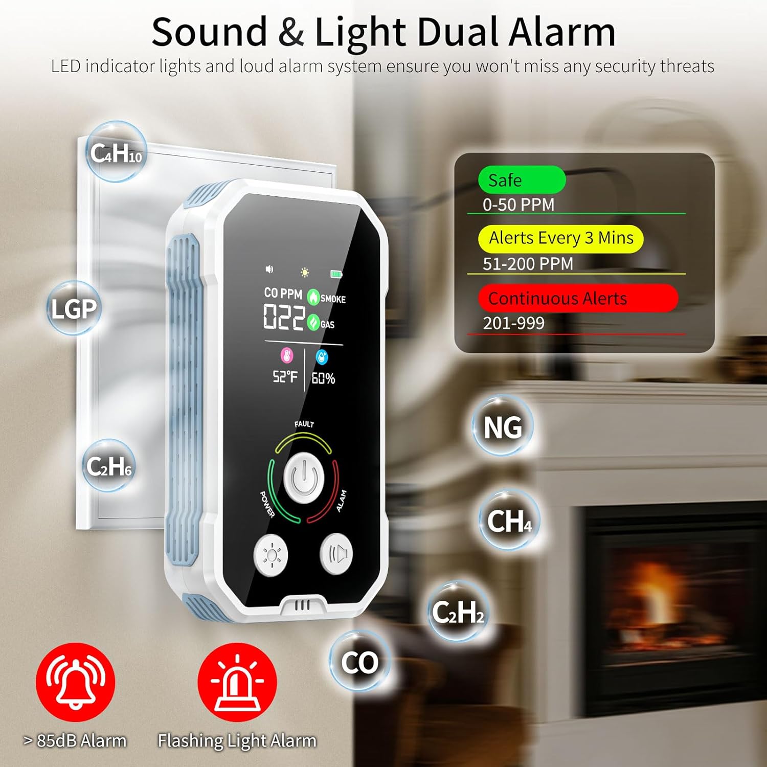 Carbon Monoxide Detectors Plug in 5-in-1 Natural Gas & Smoke Alarm with LCD Display, Monitors CO, Gas, Smoke, Temp & Humidity, Portable CO Detector Backup Battery for Home/RV/Office 1-PCS - Image 5