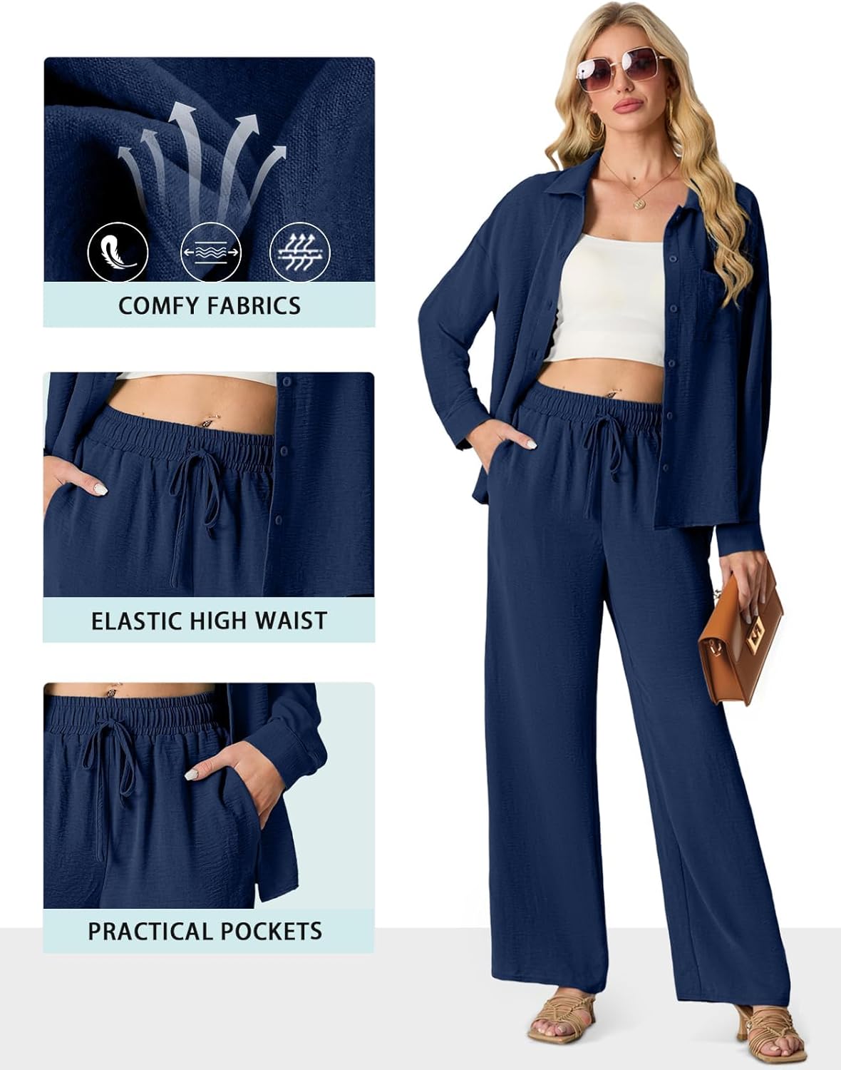 Lepunuo 2 Piece Outfits for Women Casual Lounge Sets Long Sleeve Button Down Shirts and Wide Leg Pants Sets Tracksuit - Image 2