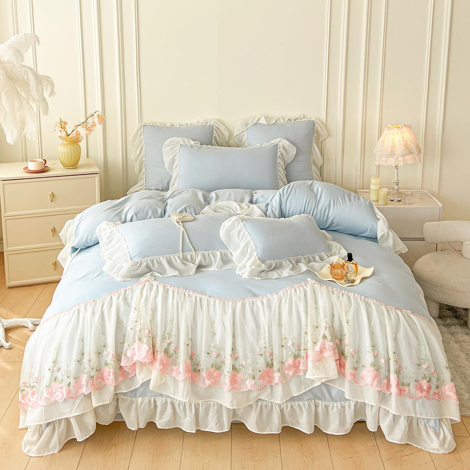 ZIQINPSQ Ruffle Double Duvet Cover Set Floral Bedding Set,Romantic French Princess Style Breathable Microfiber Comforter Cover(Insert Not Included), Light Blue