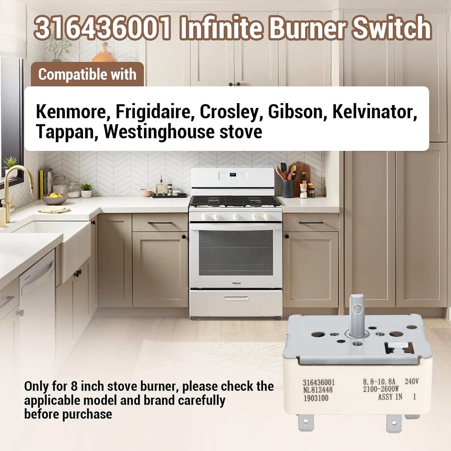 316436001 Surface Element Switch Surface Burner Infinite Switch Compatible with Frigidaire for Kenmore 8 Inch, Replacement for PS1145040, 316021501, 1155395, AH1145040, EA1145040