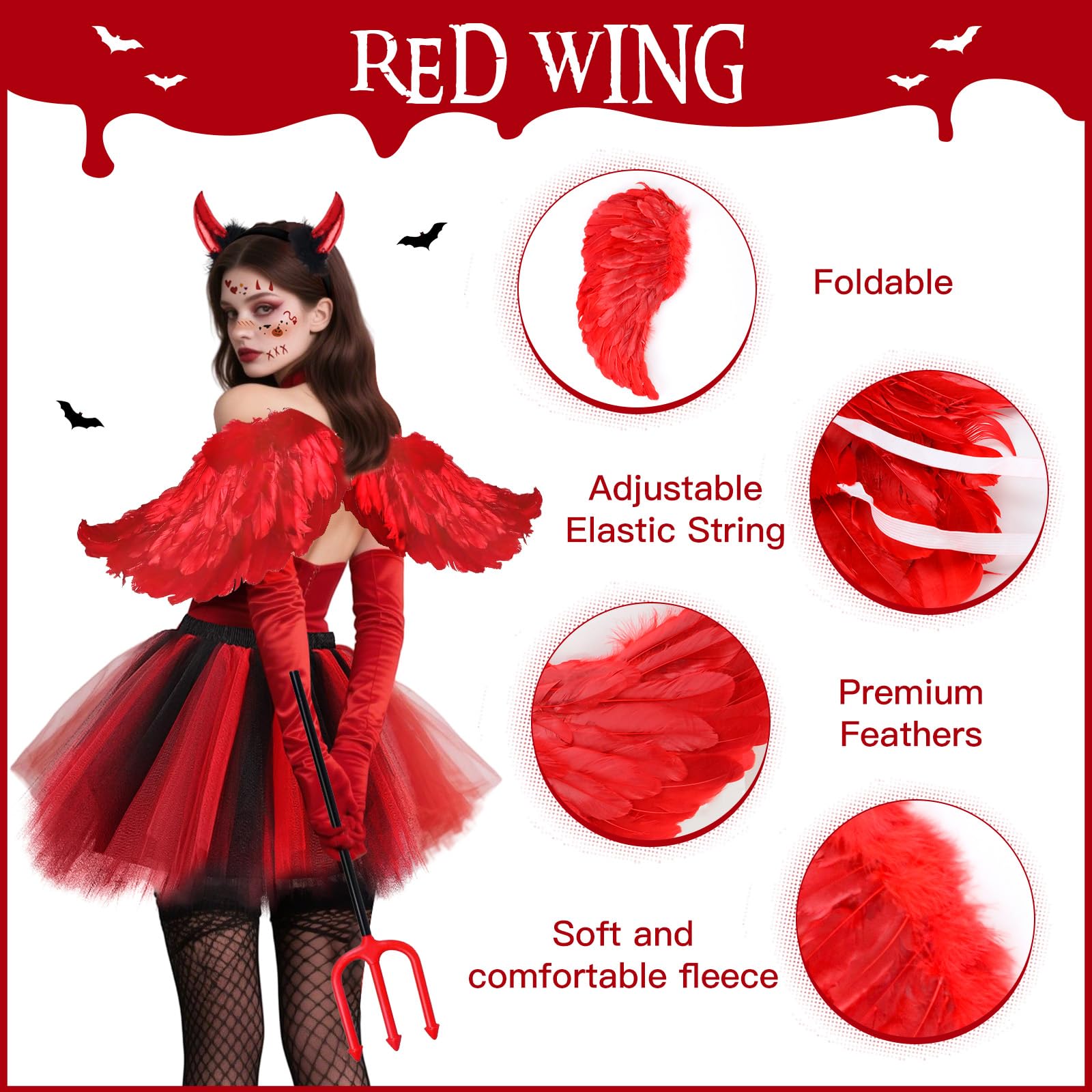 Costume Angelo Halloween Costume Donna con Ali Rosse Corna Forcone Diavolo Guanti Calze a Rete e Gonna Tutù, Ali Angelo Rosse Costume Diavolo per Adulto Bambino Feste di Halloween Carnevale