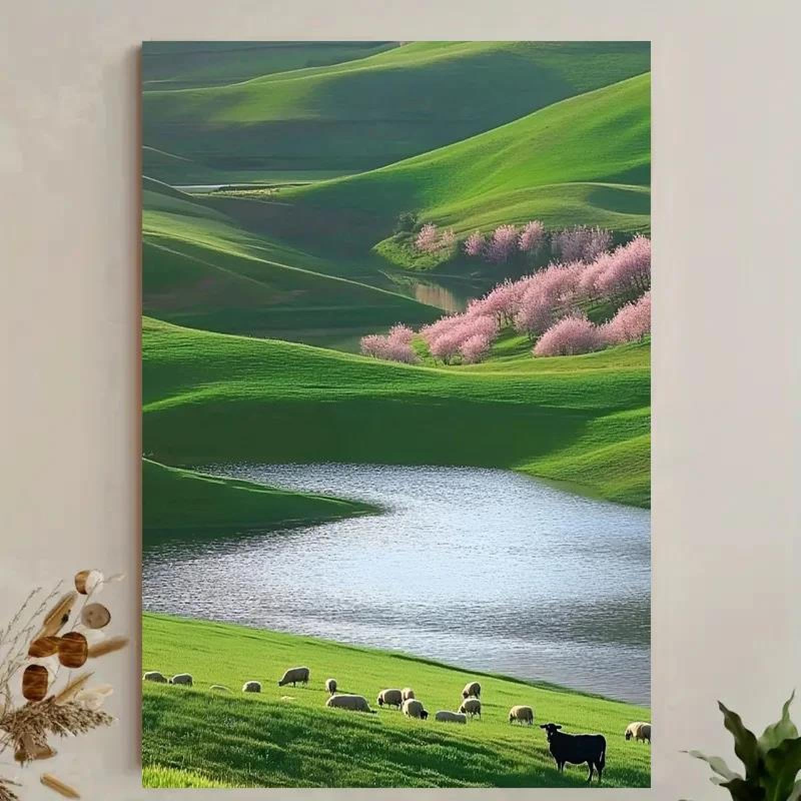Yocheng Stunning Oasis Canvas Wall Art - Serene Green Hills & Pink Trees By The Water 40x50cm No Frame
