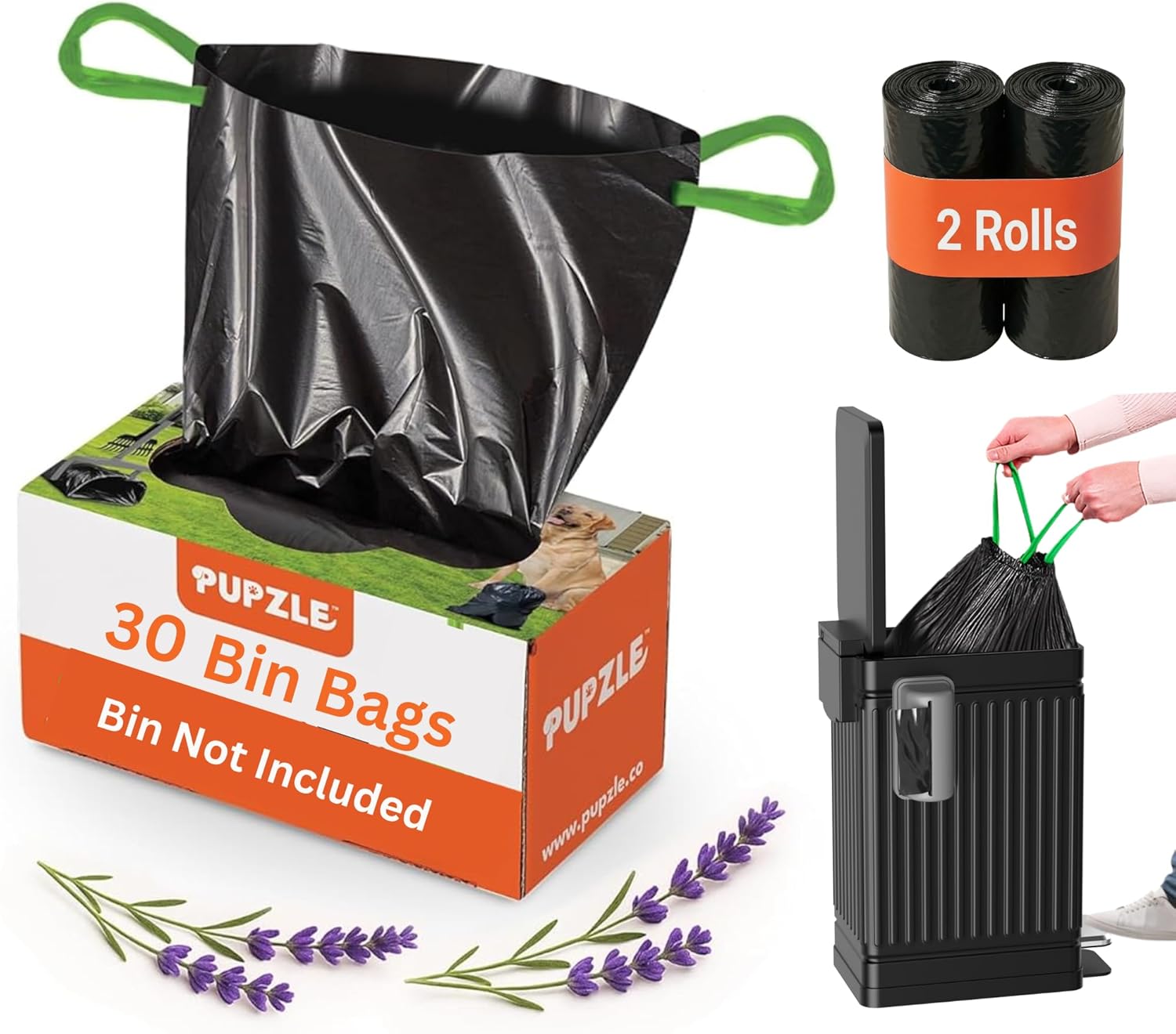 Pupzle Dog Poop Bin Liners, 3.2 Gallon Trash Bag Refills with Drawstrings for Pupzle RECTANGLE Dog Poop Bin, Heavy Duty, Leak-Proof Replacement Bags (ONLY), Lavender Scented, 30 Count