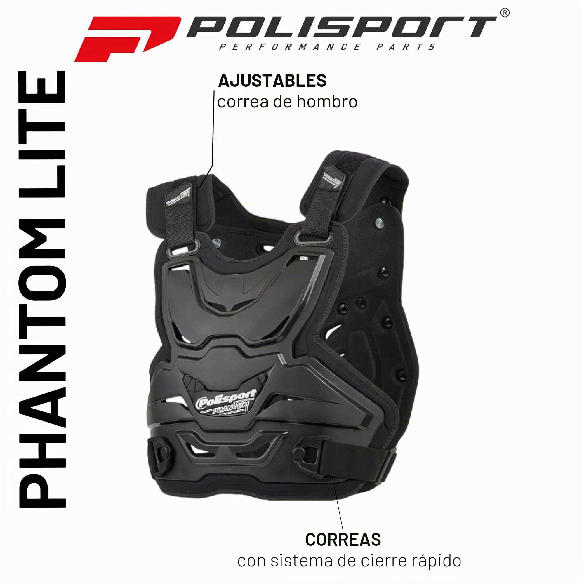 POLISPORT 8003700001 - Protector de peto Phantom Lite con hombreras ajustables y hebillas en el pecho, confortable y adaptable al cuerpo en color negro