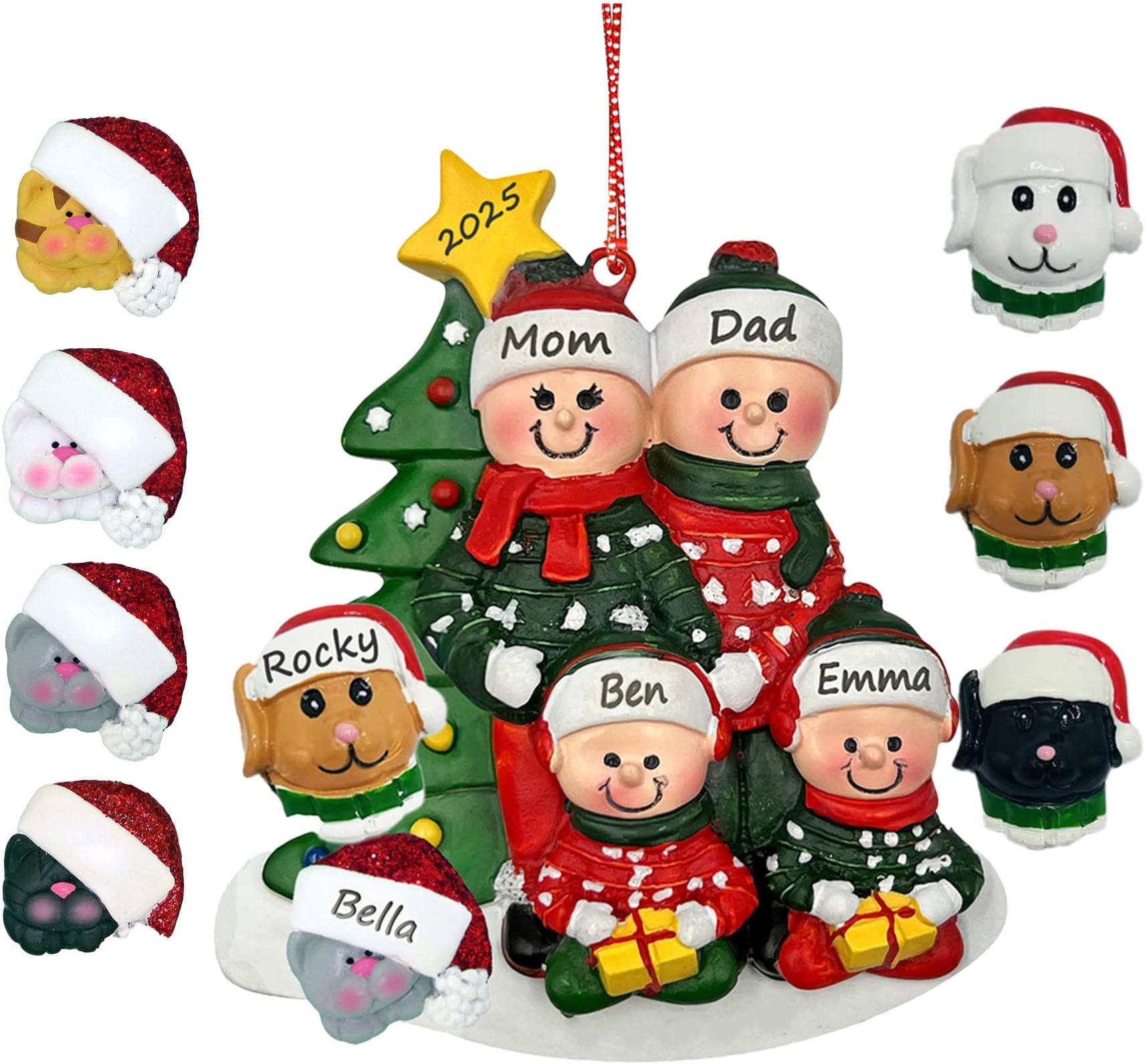 Family Ornament with Pets Dogs Cats - Family of 4 Christmas Ornament with Dog Cat, Add on Pet Dog Cat Family Christmas Ornament