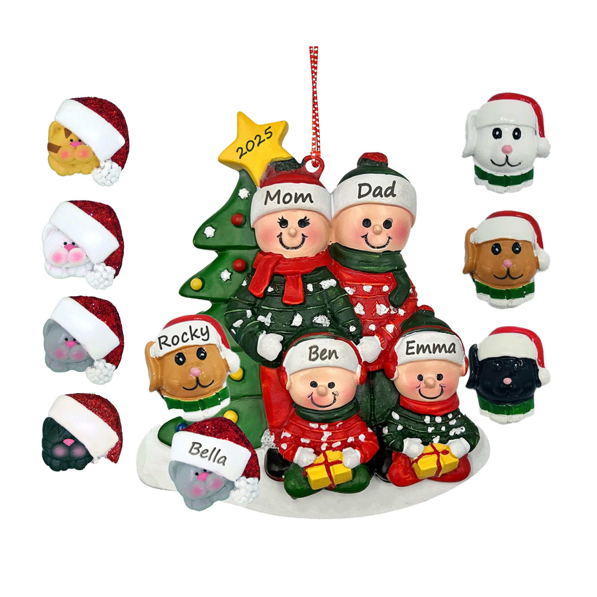 Family Ornament with Pets Dogs Cats - Family of 4 Christmas Ornament with Dog Cat, Add on Pet Dog Cat Family Christmas Ornament