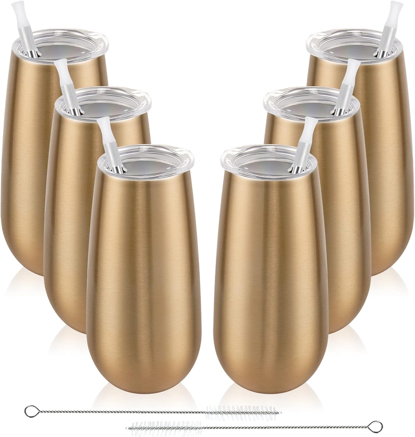 6 Pack Stemless Champagne Tumbler 6 Oz, Unbreakable Cocktail Cups with Lid, Flutes for Wine - Gift for Family, Friends or Special Occasions (Gold)