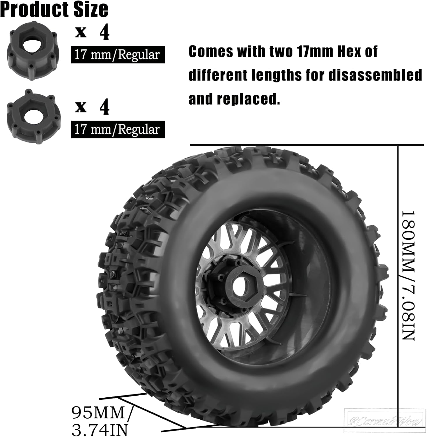 1/8 1/10 17mm Hex RC Truck Tires,Wheels and Tires for 1/10 E-Revo T-Maxx Summit Kraton Outcast Monster Truck,Buggy Rubber Tyres and Rims w/Foam Insert for RC Off-Road Car,Black-Pink