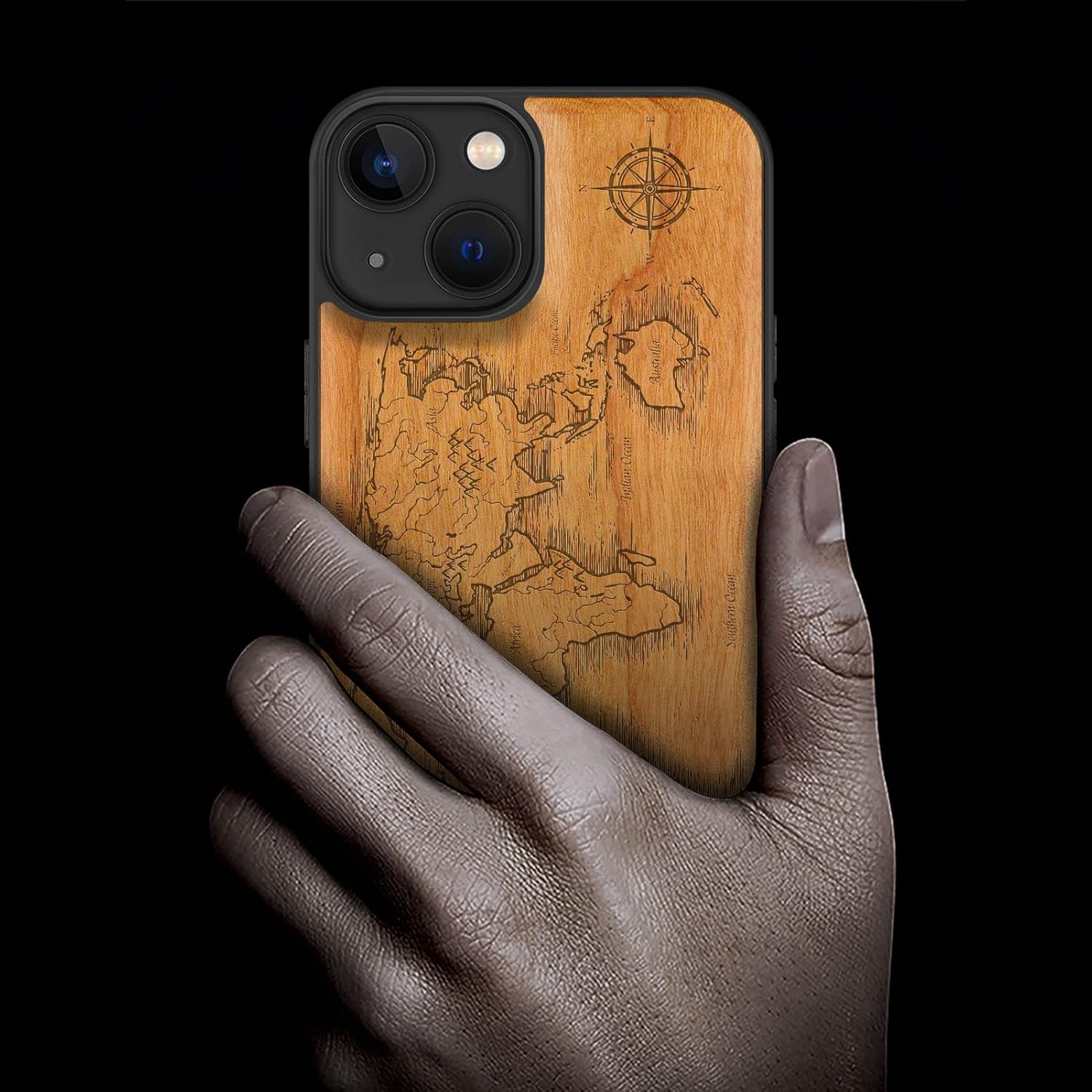 Carveit Magnetic Wood Case for iPhone 13 Case [Natural Wood & Black Soft TPU] Unique & Classy Wooden Shockproof Protective Cover Compatible with magsafe (Compass Maps -Cherry)