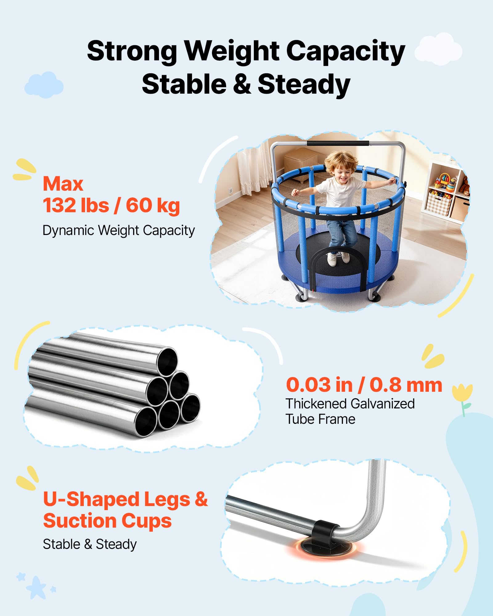 VEVOR Trampolino Elastico per Bambini Rete Protezione 142 cm Carico 60 kg, Trampolino Giocattolo Esercizio Divertimento per Bambini da Interno Esterno Barra Regolabile Tappeto Integrato in PP
