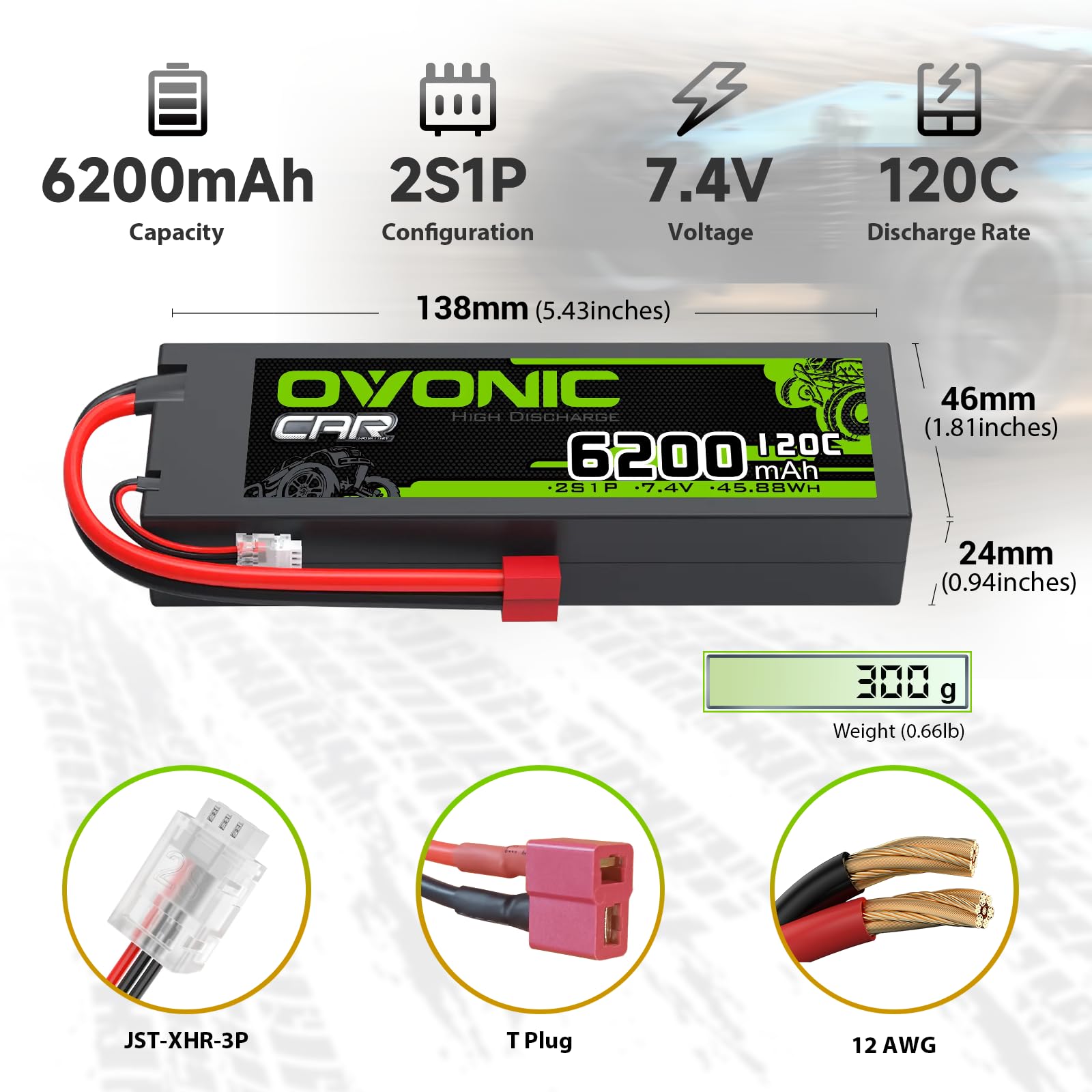 OVONIC 2s Lipo akumulator 7,4 V 6200 mAh 120C z wtyczką T, twarda obudowa do samochodów RC, ciężarówki, truggy, quadcoptera, helikoptera, samolotu (2 sztuki)