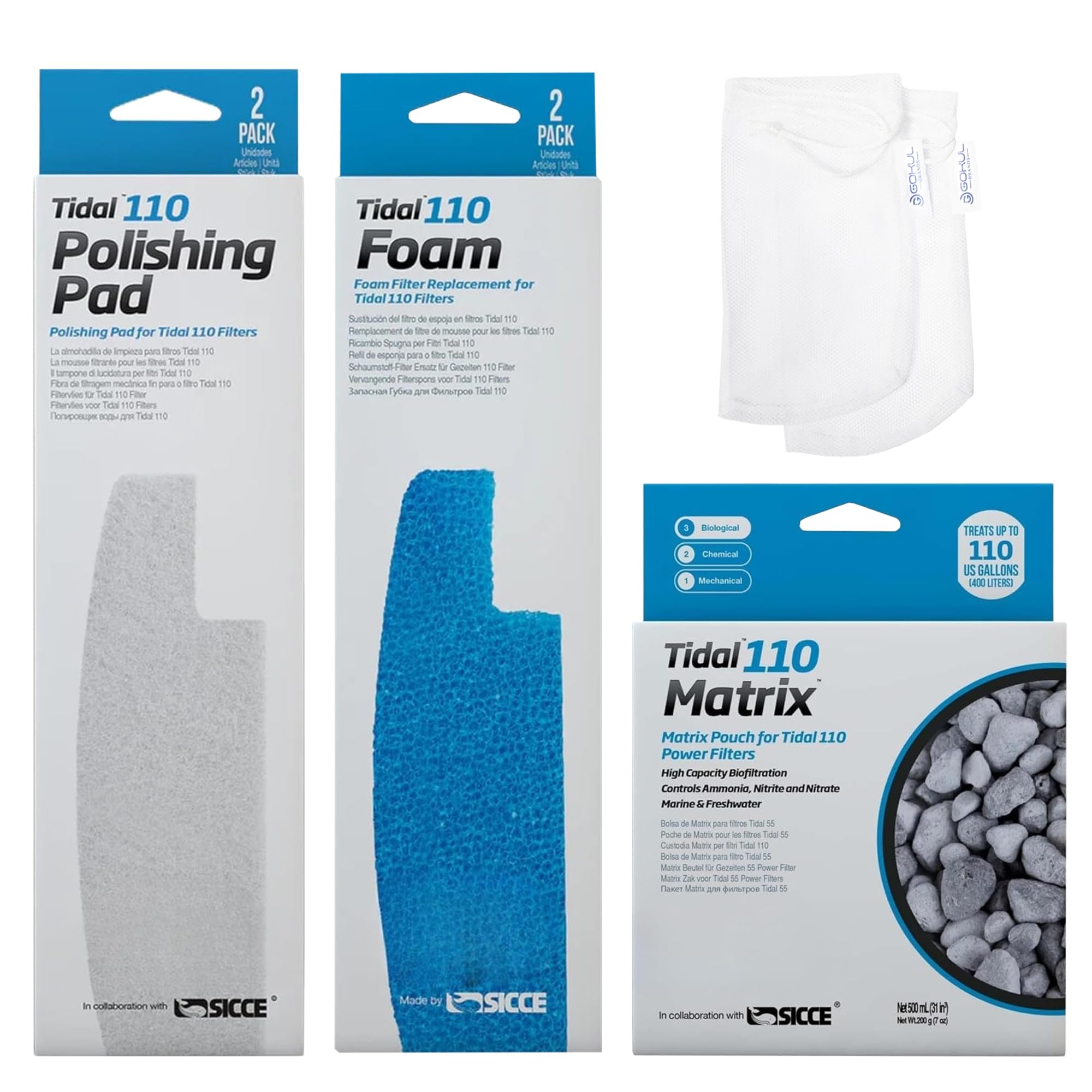 Tidal 110 Filter Maintenance and Replacement Filter Media Kit, Including Gokul Brands Aquarium Filter Media Bags (Tidal 110 Polishing Pads, Foam Filter Sponge, Matrix bio Media)