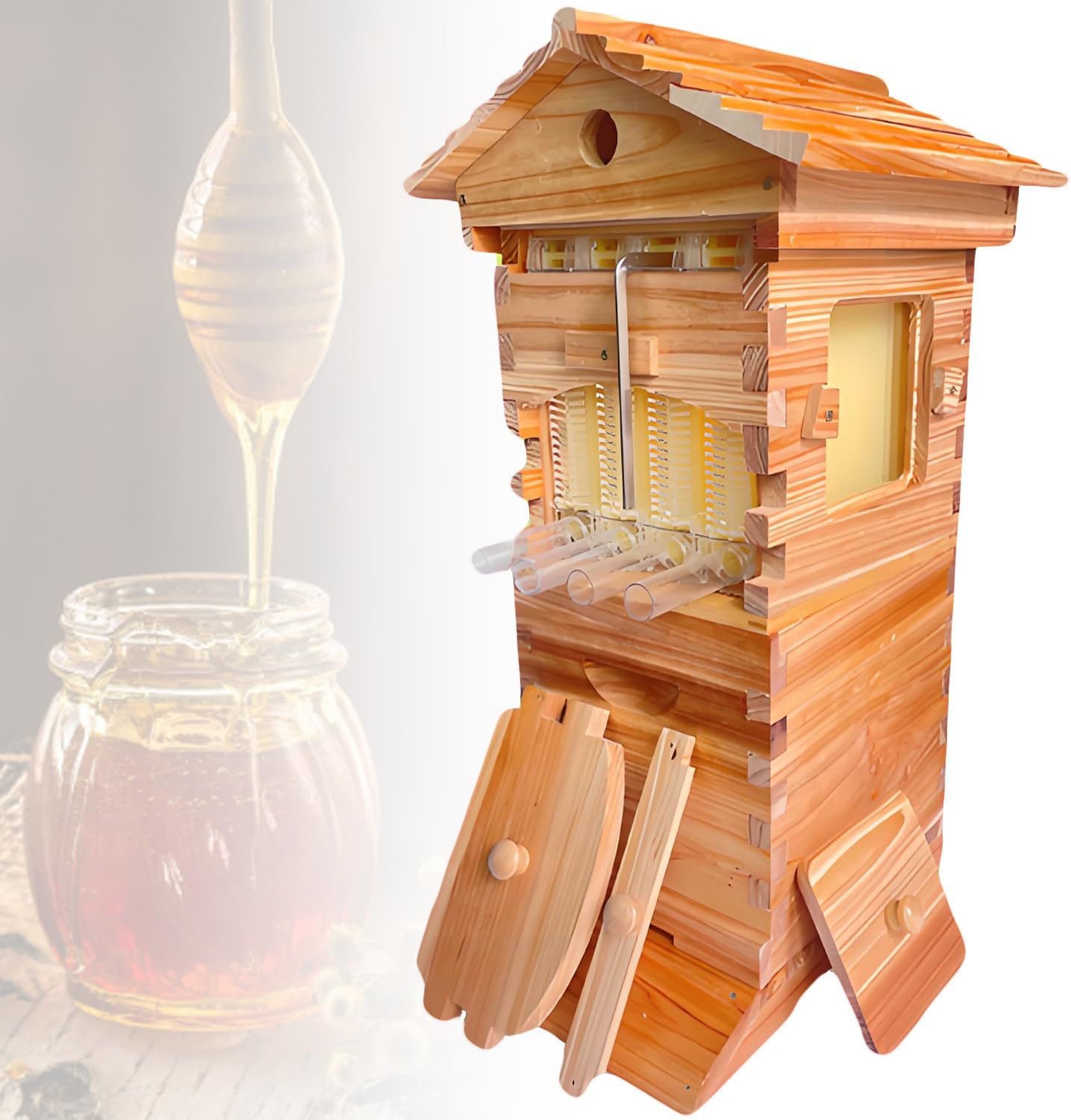 Self-Flow Beehive Kit with Observation Window & Honey Spout, Includes 4 Bee Frames & 6 Honeycomb Trays, Ideal for Beekeeping & Garden Pollination