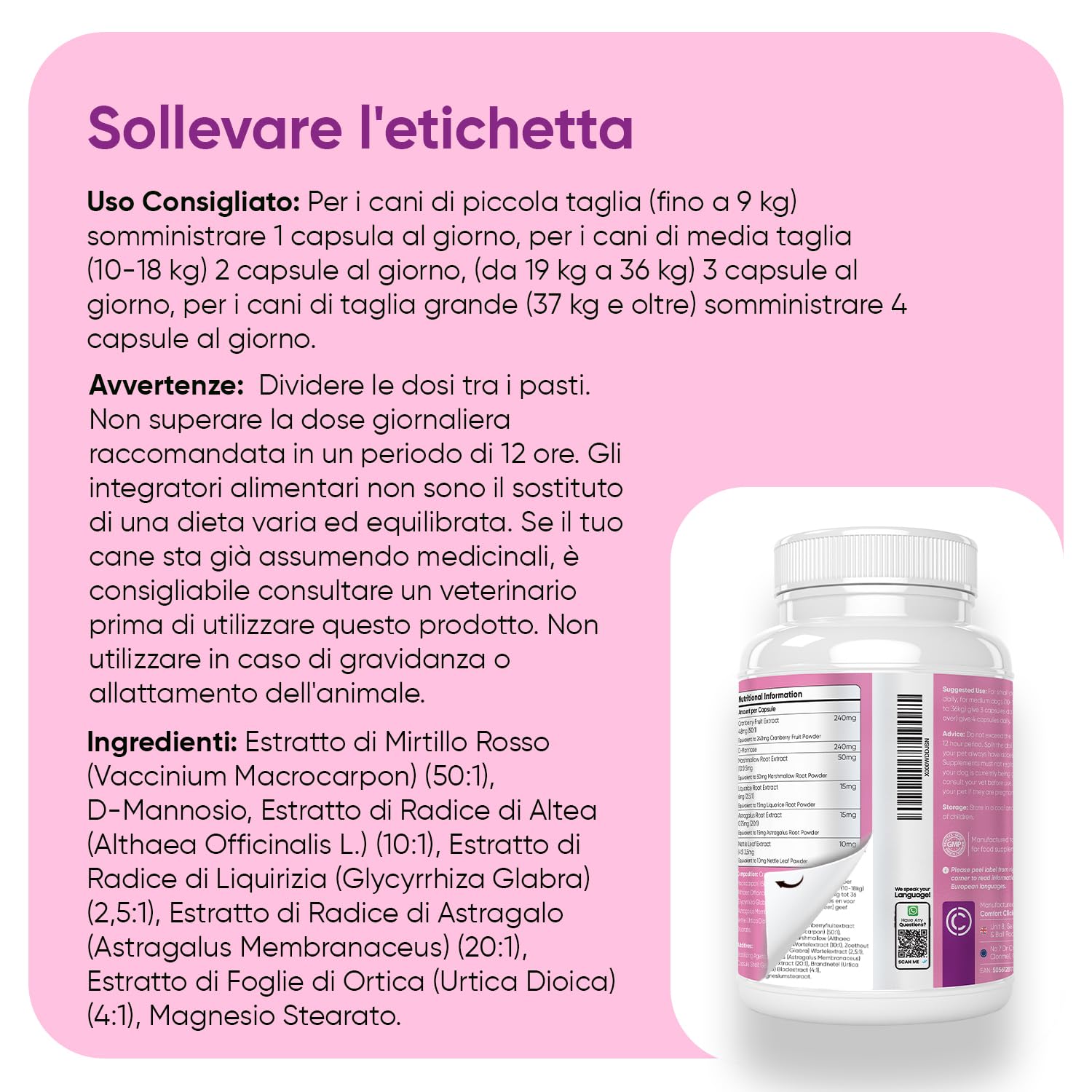Urinary Cane con D Mannosio, Astragalo, Altea, Ortica, Liquirizia, Mirtillo Rosso Vie Urinarie, Integratori per Cani Anziani e Giovani, 120 Comode Capsule Apri & Versa, per Tutte le Razze e Taglie