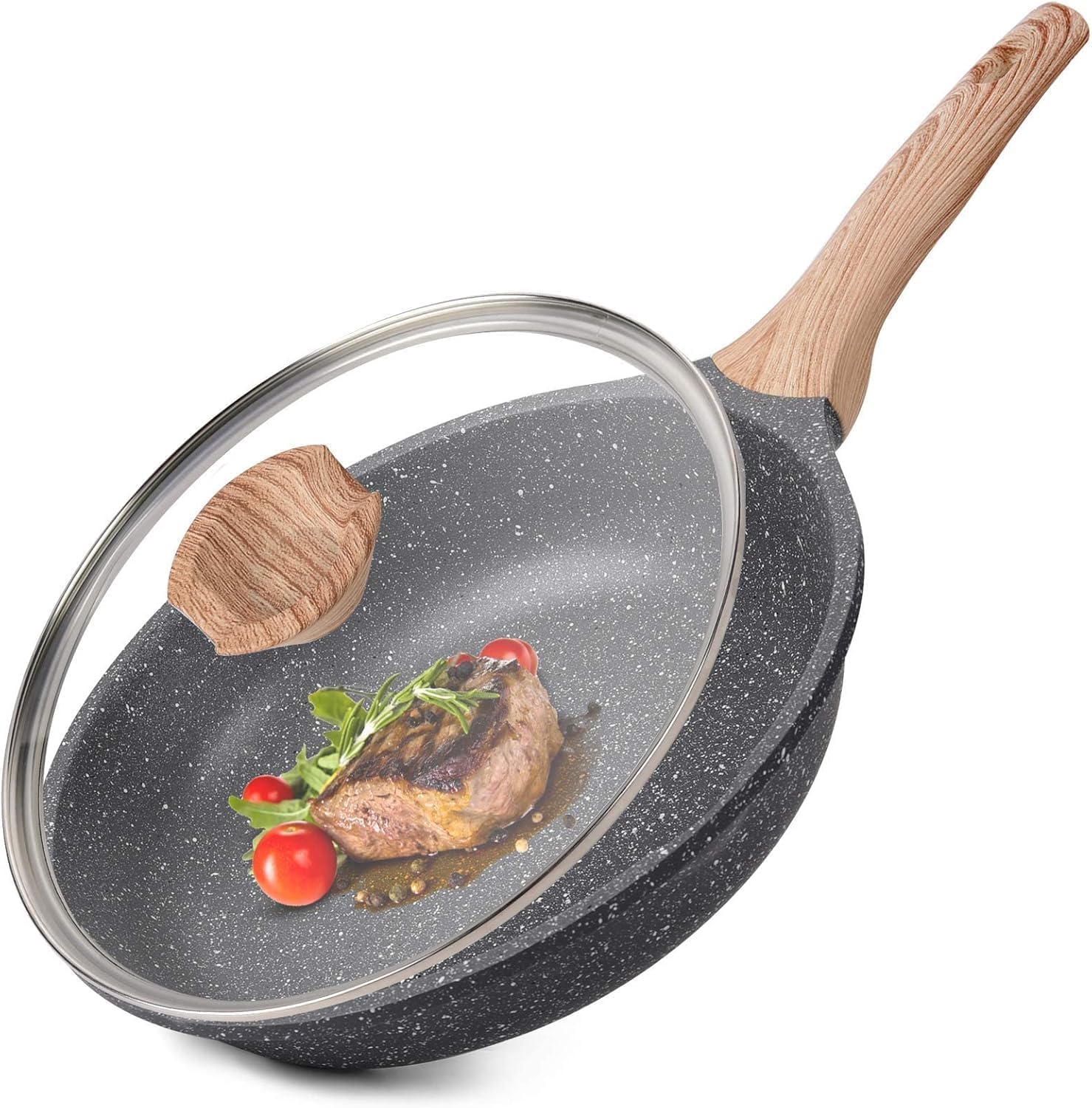 Caannasweis Nonstick Granite Frying Pan Skillet, Non Stick Omelette Fry Pans, Omelet Egg Pan, Stone Cookware Chef's Pan, Induction Compatible, PFOA Free (Gray, 9.5 Inch with Lid)