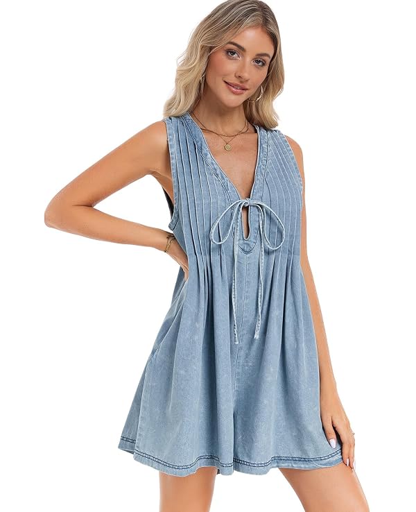 Vidifid Women's Denim Romper Casual Summer Sleeveless Jean Romper Tie Front V Neck Ruffle Jean Short Overall with Pockets by Vidifid - Used condition - Image 4