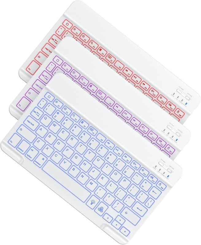 OMOTON 7 Color Backlit & Rechargeable Bluetooth Keyboard for iPad & iPhone | Wireless Ultra Slim Portable Typing Keyboard Compatible with iOS & iPadOS, Perfect for Students＆Travel Office Users, White