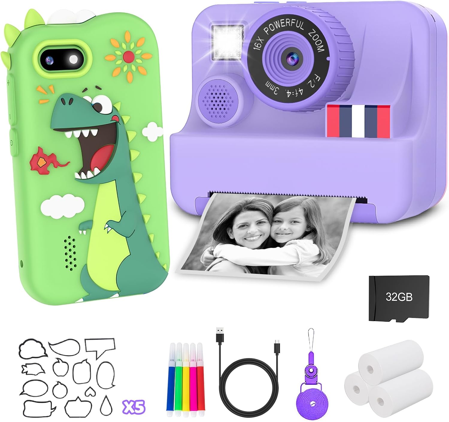 Green Dragon Kids Phone and Purple Kids Camera Instant Print