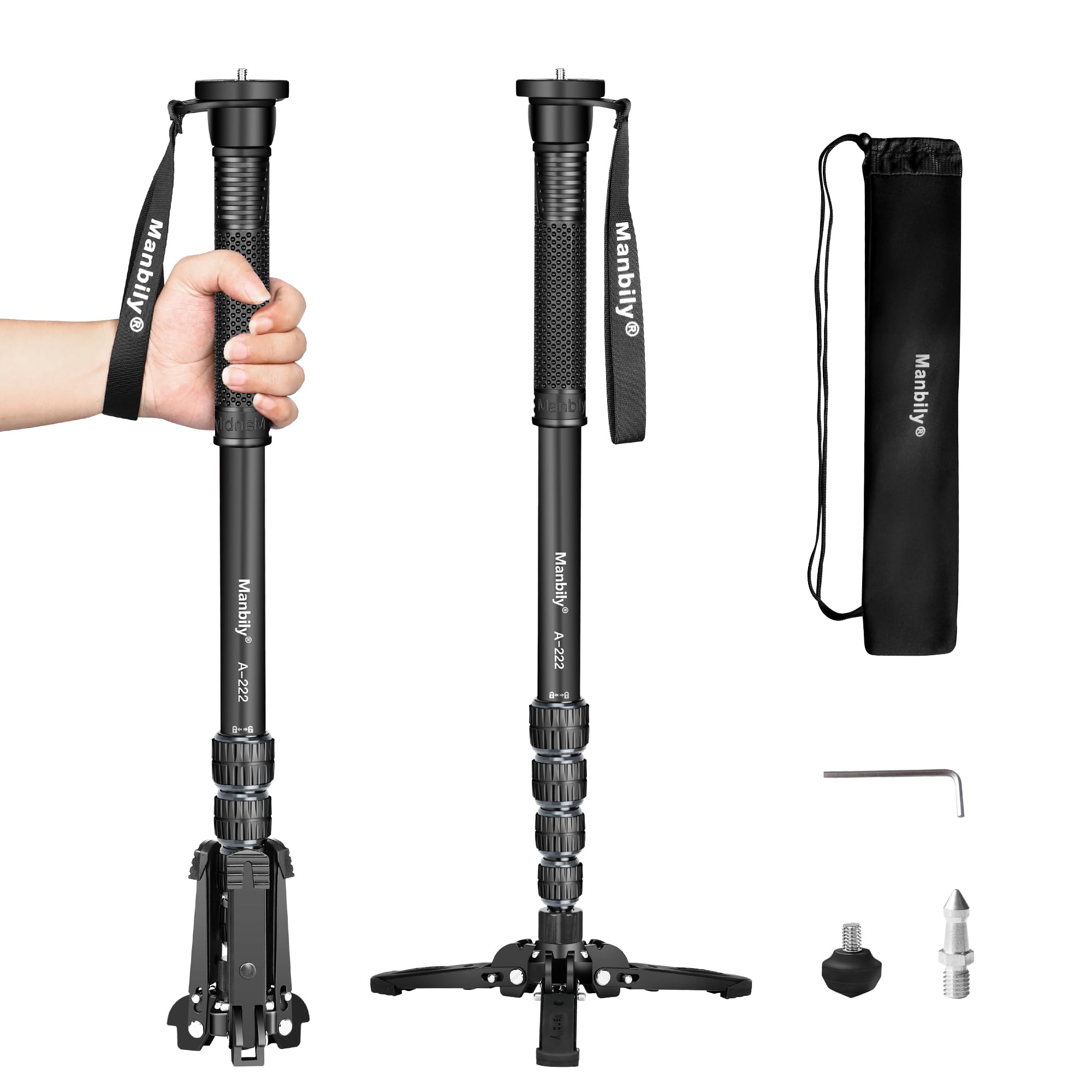 Manbily A-222 Monopode pour appareils photo avec pieds, 5 sections, 170 cm, charge maximale 7 kg, monopode extensible portable en aluminium pour caméscope vidéo DSLR Canon, Nikon, Sony (gris)