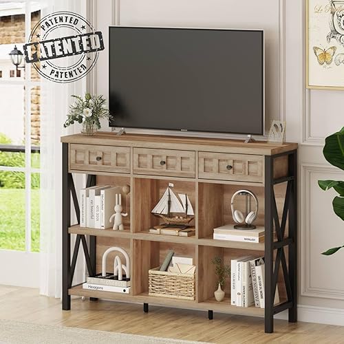 Miniatura 3 de FATORRI Estante organizador de almacenamiento rústico de 6 cubos con 3 cajones, estantería horizontal larga, estantería industrial de madera y metal