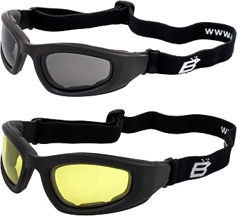 Birdz Eyewear Soar Safety Padded Motorcycle Goggles 2 Pairs Black Frames with Clear & Smoke Lenses