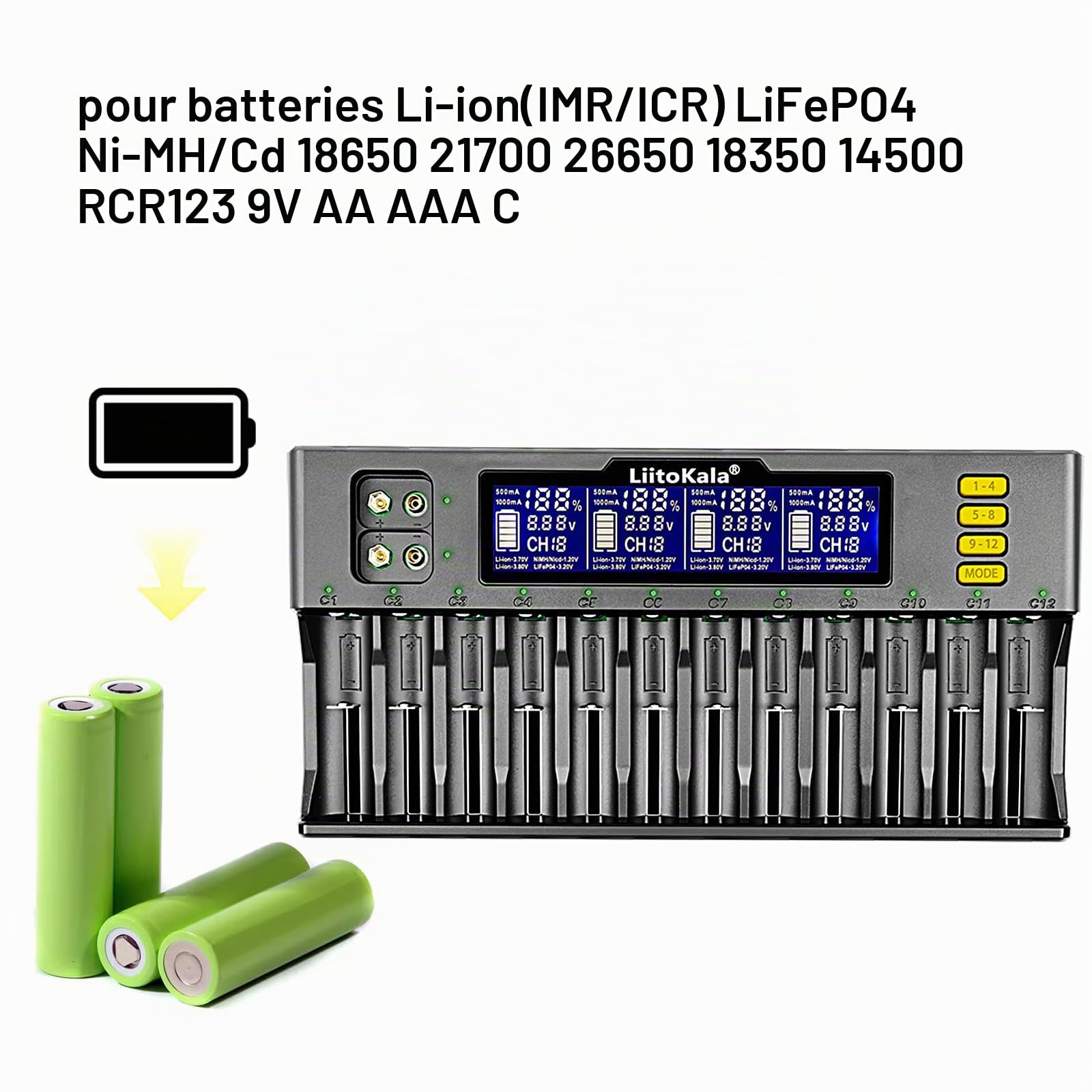 LiitoKala Lii-S12 18650 12 Bay Chargeur de Batterie Universel Rapide et Intelligent avec écran LCD,pour Li-ION(IMR/ICR) LiFePO4 Ni-MH/CD 18650 21700 26650 18350 14500 RCR123 9V Batteries AA AAA C