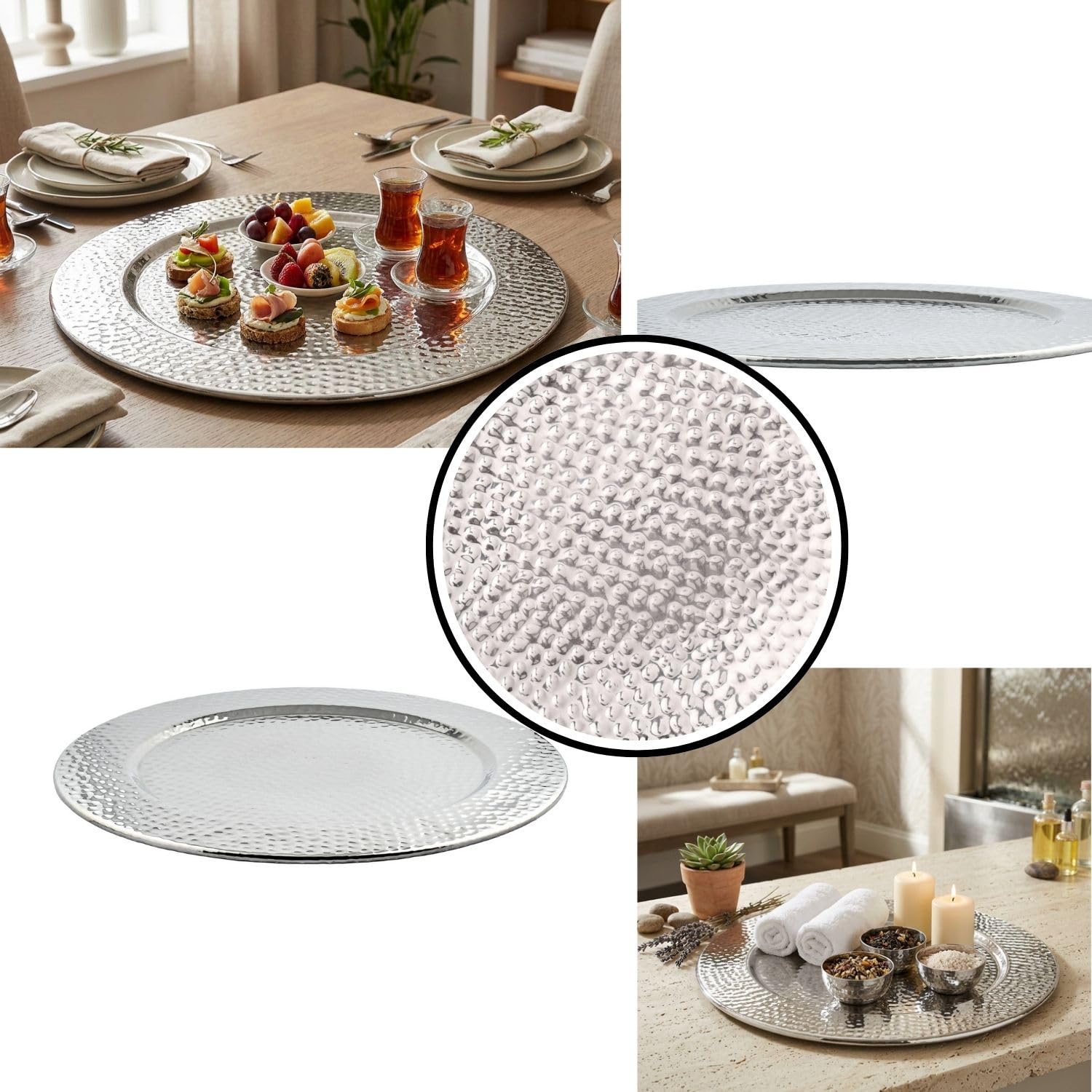 Bandeja para servir de diseño Nizza hecha a mano de aluminio en plata, 50 cm