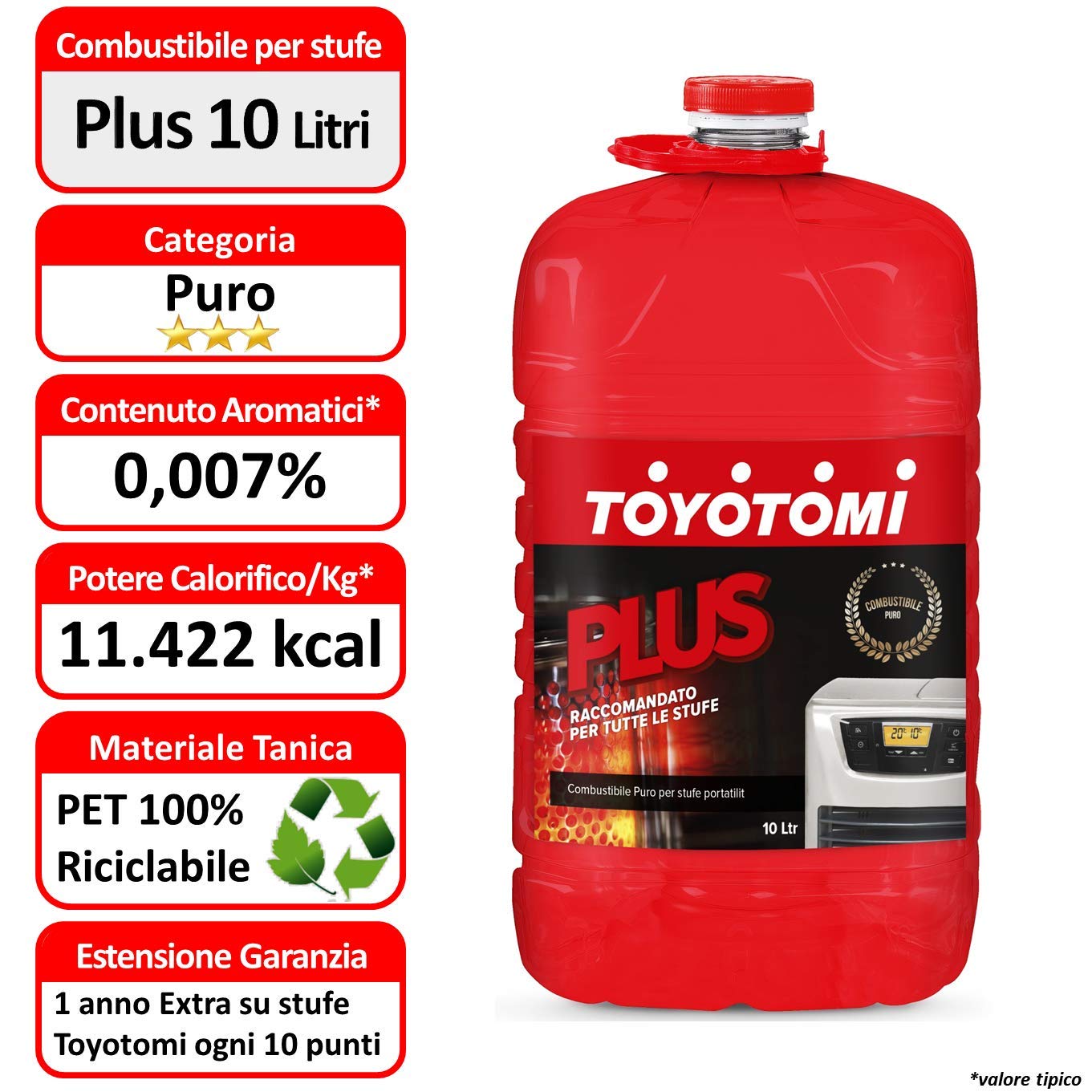 Toyotomi PLUS10L Plus Inodore, Combustibile compatibile con tutte le Stufe Elettriche o Meccaniche, Eccellenza Giapponese, Maxi risparmio 10 litri