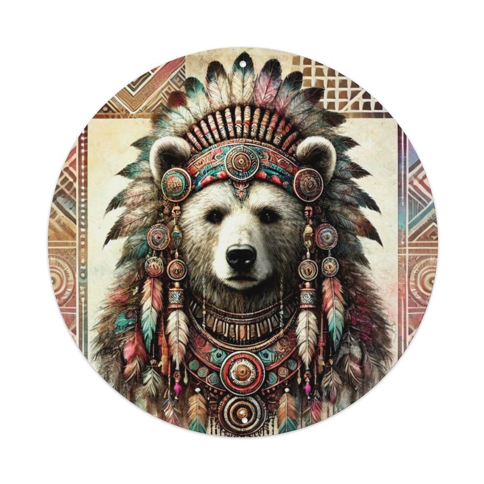 Bear In Tribal Headdress Art Vintage Metal Tin Sign Retro Wall Decor for Home Bar Garage Cafe, Indoor & Outdoor Decorative，circle Metal Poster, 8x8 Inch