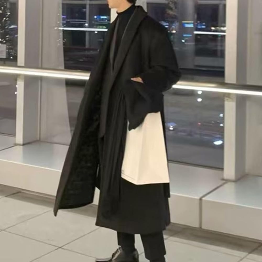 QOAAIE Mens Oversized Trench Coat Notched Lapel Long Jacket Wool