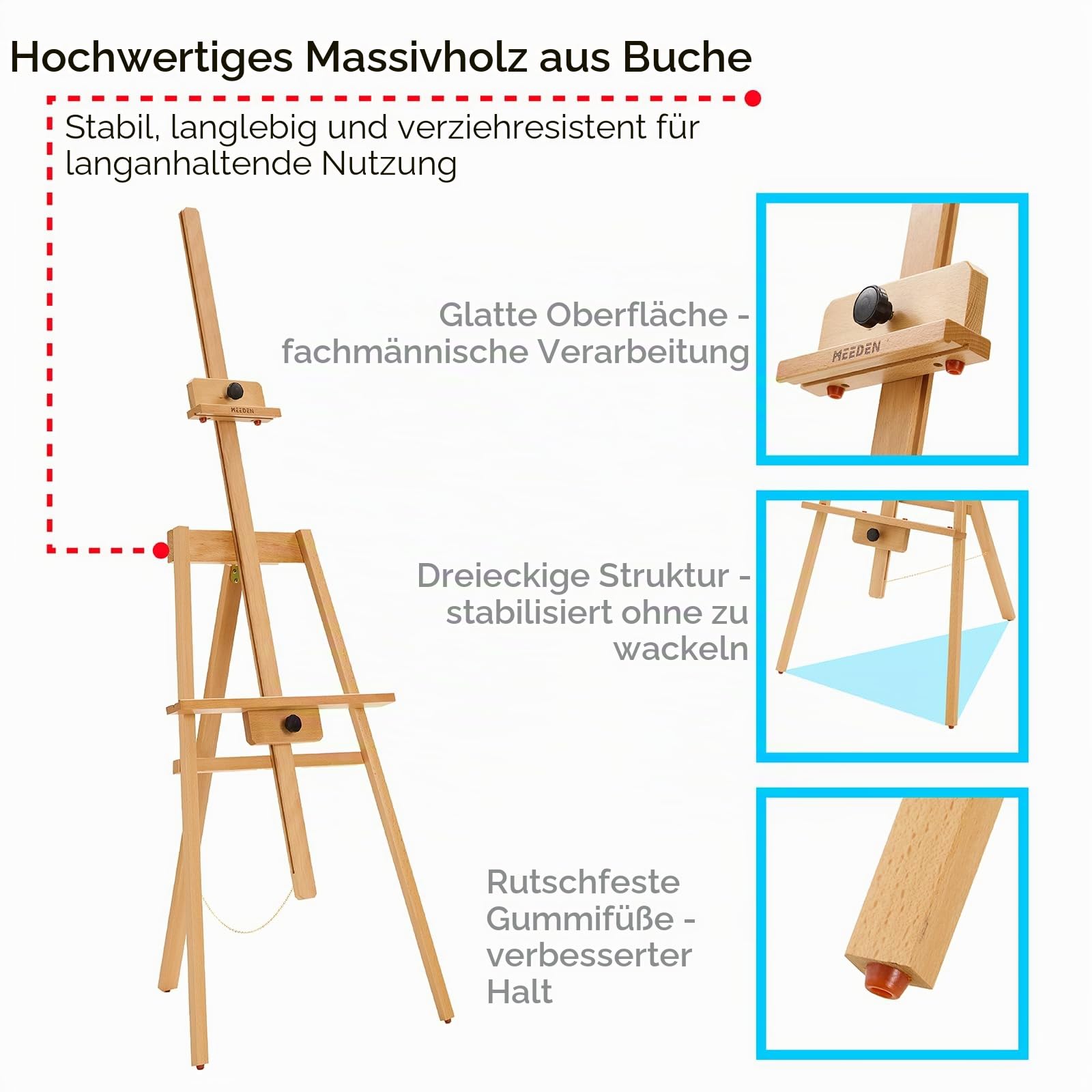 MEEDEN Kunst Malstaffelei: Staffelei aus massivem Buchenholz für Leinwände bis zu 109 cm – Künstlerstaffelei mit Rahmen zum Malen Hochzeitsschildern und Posterpräsentationen – Natur