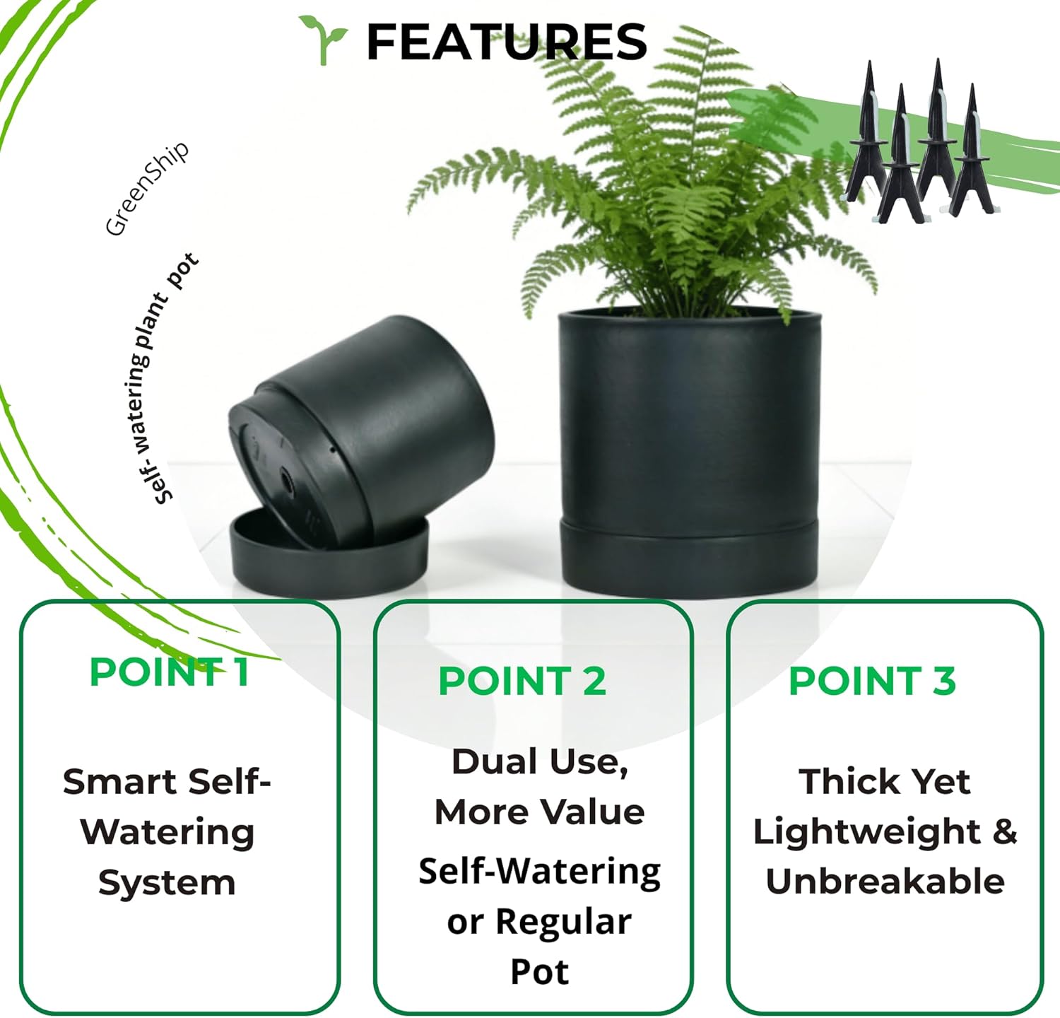 GreenShip 2pcs Plant pots, self Watering pots for Indoor Plants (Black, 4.7in+6in)