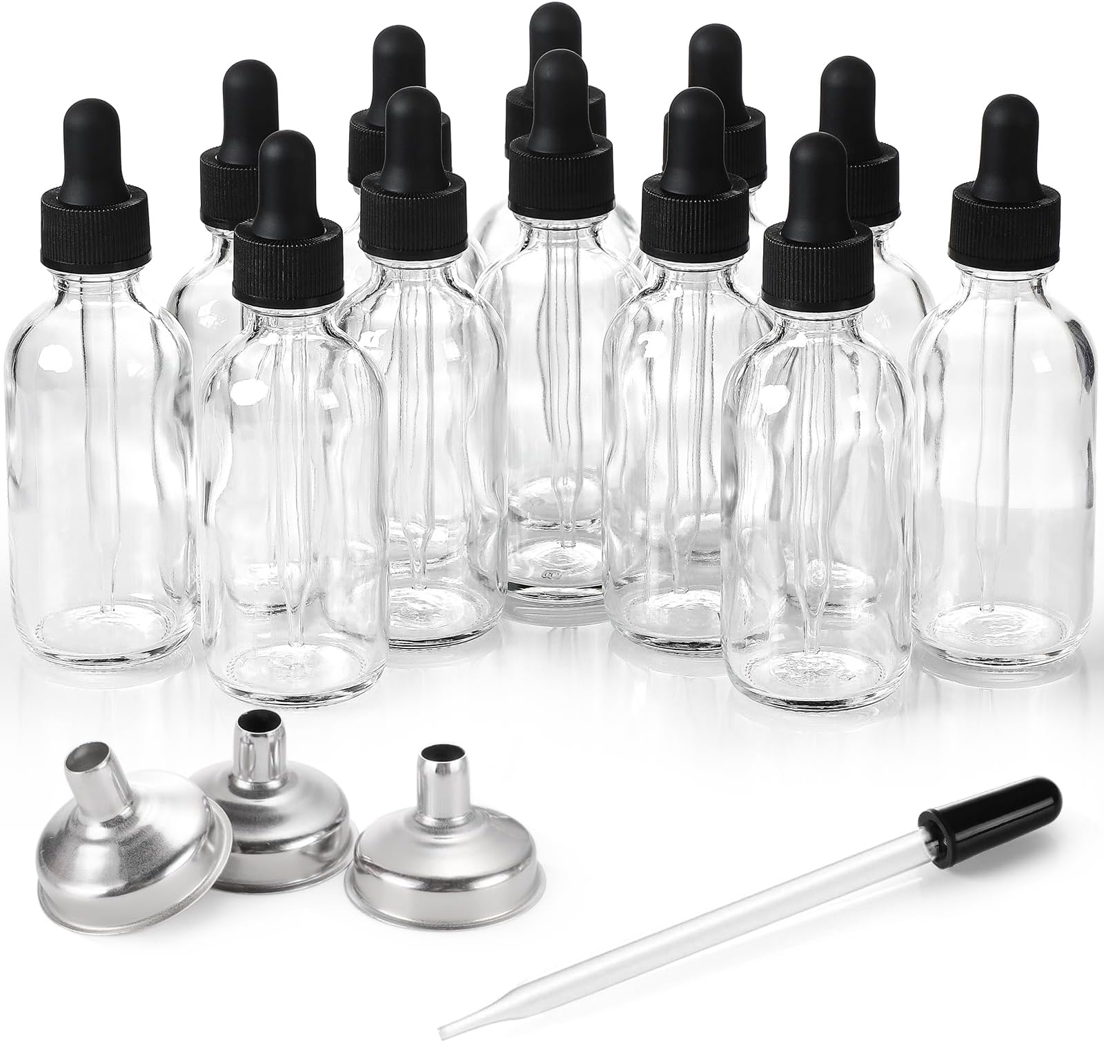 12 Pack, 2 oz Glass Eye Dropper Bottles w/ 3 Stainless Steel Funnels & 1 Long Pipette Dropper & 24 Labels - 60ml Clear Tincture Bottles for Essential Oils, Liquids - Leakproof Travel Essential Bottles