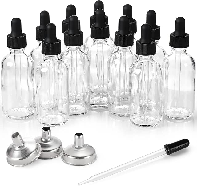 12 Pack, 2 oz Glass Eye Dropper Bottles w/ 3 Stainless Steel Funnels & 1 Long Pipette Dropper & 24 Labels - 60ml Clear Tincture Bottles for Essential Oils, Liquids - Leakproof Travel Essential Bottles