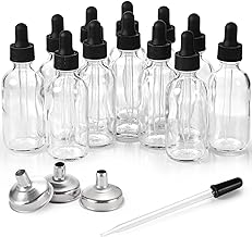 12 Pack, 2 oz Glass Eye Dropper Bottles w/ 3 Stainless Steel Funnels & 1 Long Pipette Dropper & 24 Labels - 60ml Clear Tincture Bottles for Essential Oils, Liquids - Leakproof Travel Essential Bottles