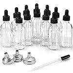 12 Pack, 2 oz Glass Eye Dropper Bottles w/ 3 Stainless Steel Funnels & 1 Long Pipette Dropper & 24 Labels - 60ml Clear Tincture Bottles for Essential Oils, Liquids - Leakproof Travel Essential Bottles