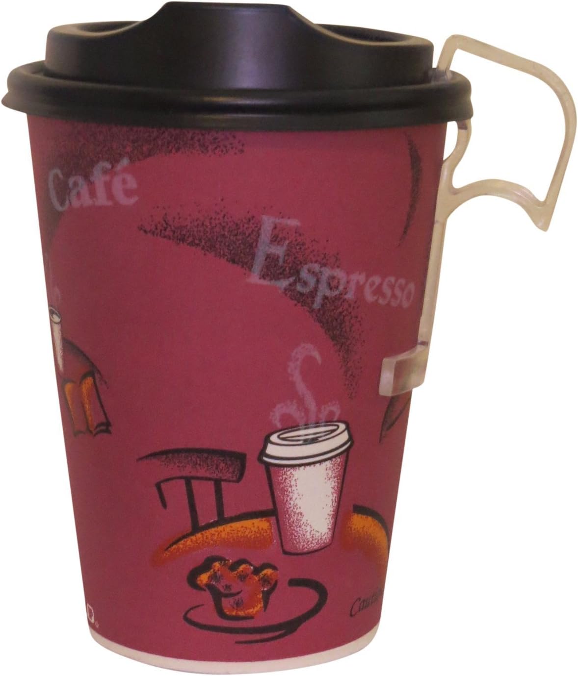 12 Oz. Solo Bistro Design Paper Coffee Cup with Black Dome Lids- 50 Sets - plus 5 plastic clip on handles