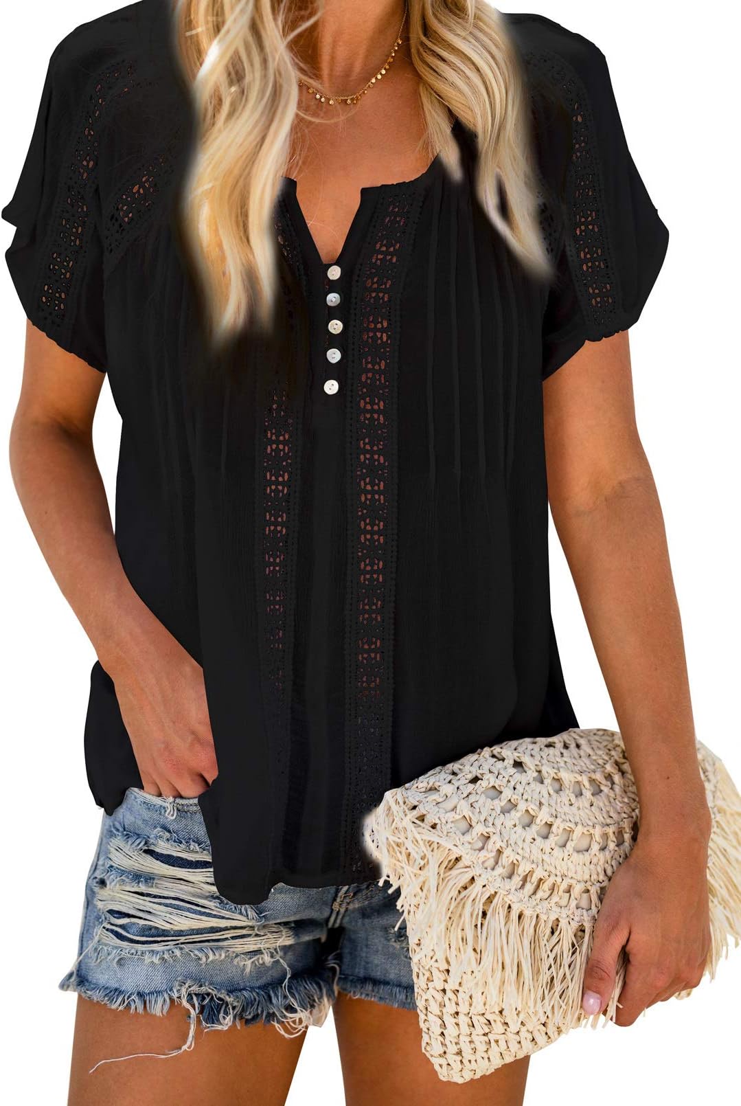 Women's V Neck Lace Crochet Eyelet Tops Short Sleeve Casual Shirts Blouses