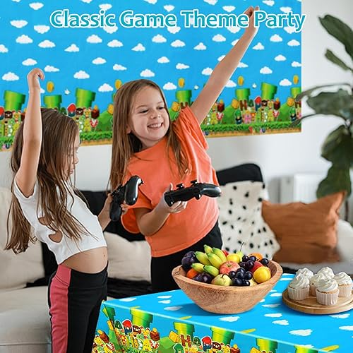 Miniatura 5 de Genqiang Super Brother Games - Mantel de fiesta de 3 piezas, mantel rectangular retro desechable de plástico para cumpleaños, Halloween, decoración
