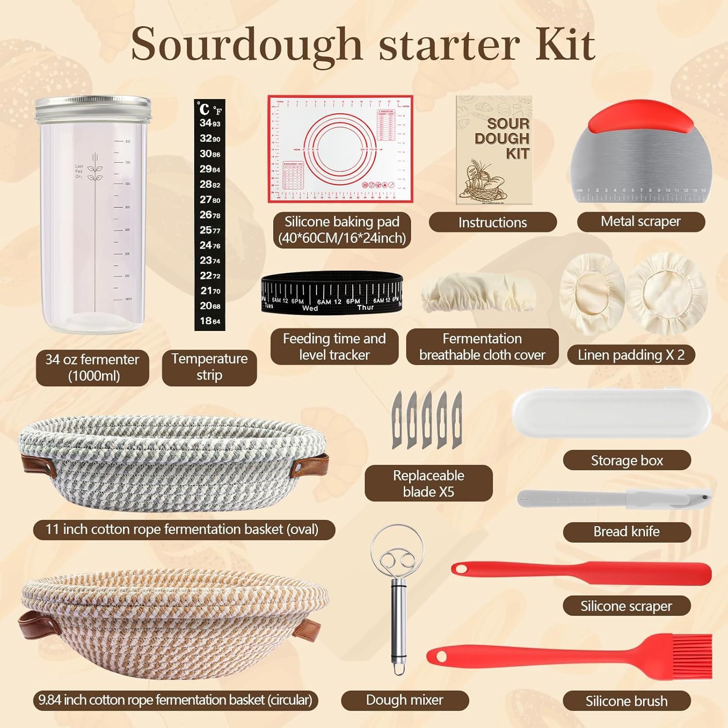 Gärkörbchen Banneton Brotbackzubehör Gärkorb Brot Runde & Oval Kombi Paket, Sauerteig Starter Set für Brot aus Baumwollstricken mit 800ml Gärglas für Anfänger, Bäcke