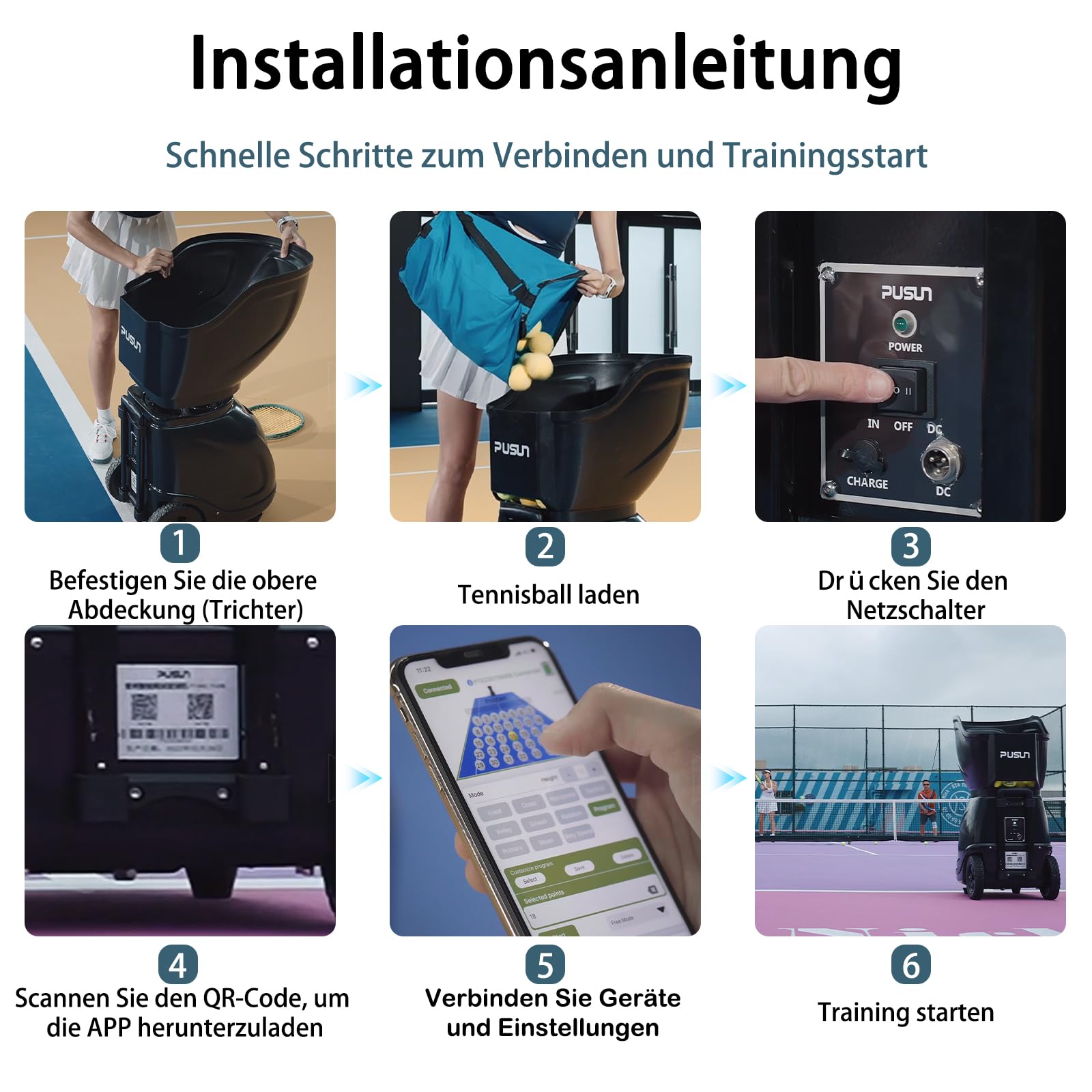 PUSUN PT-9001Pro Tennisballmaschine - Profi Ballwerfer mit APP-Steuerung (App für Apple Watch), 35 Landepunkte & Variable Geschwindigkeit, mobiler Ballwerfer (7-10 Std. Akkulaufzeit)